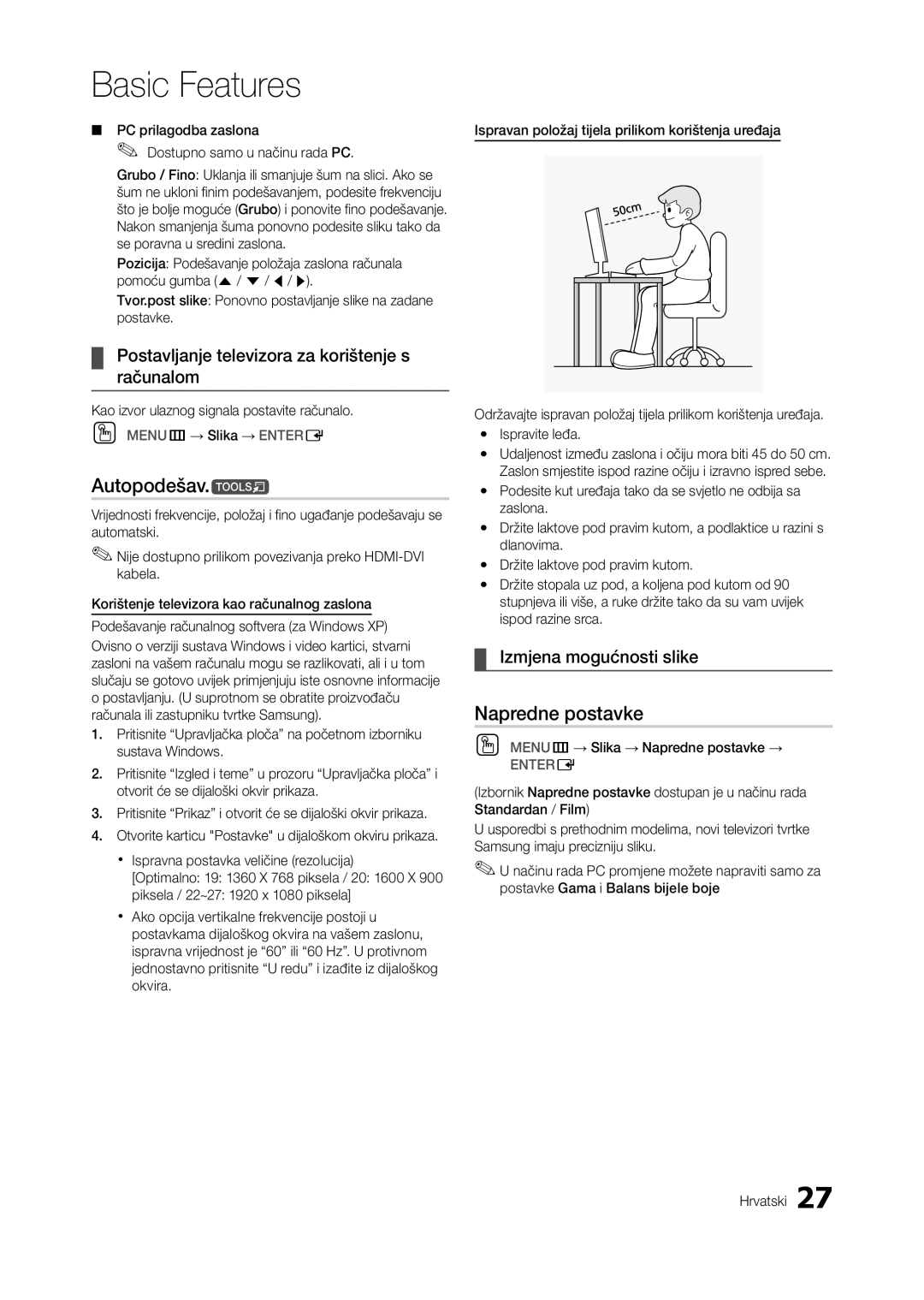 Samsung LT23A550EW/EN, LT24A350EW/EN Autopodešav.t, Napredne postavke, Postavljanje televizora za korištenje s računalom 