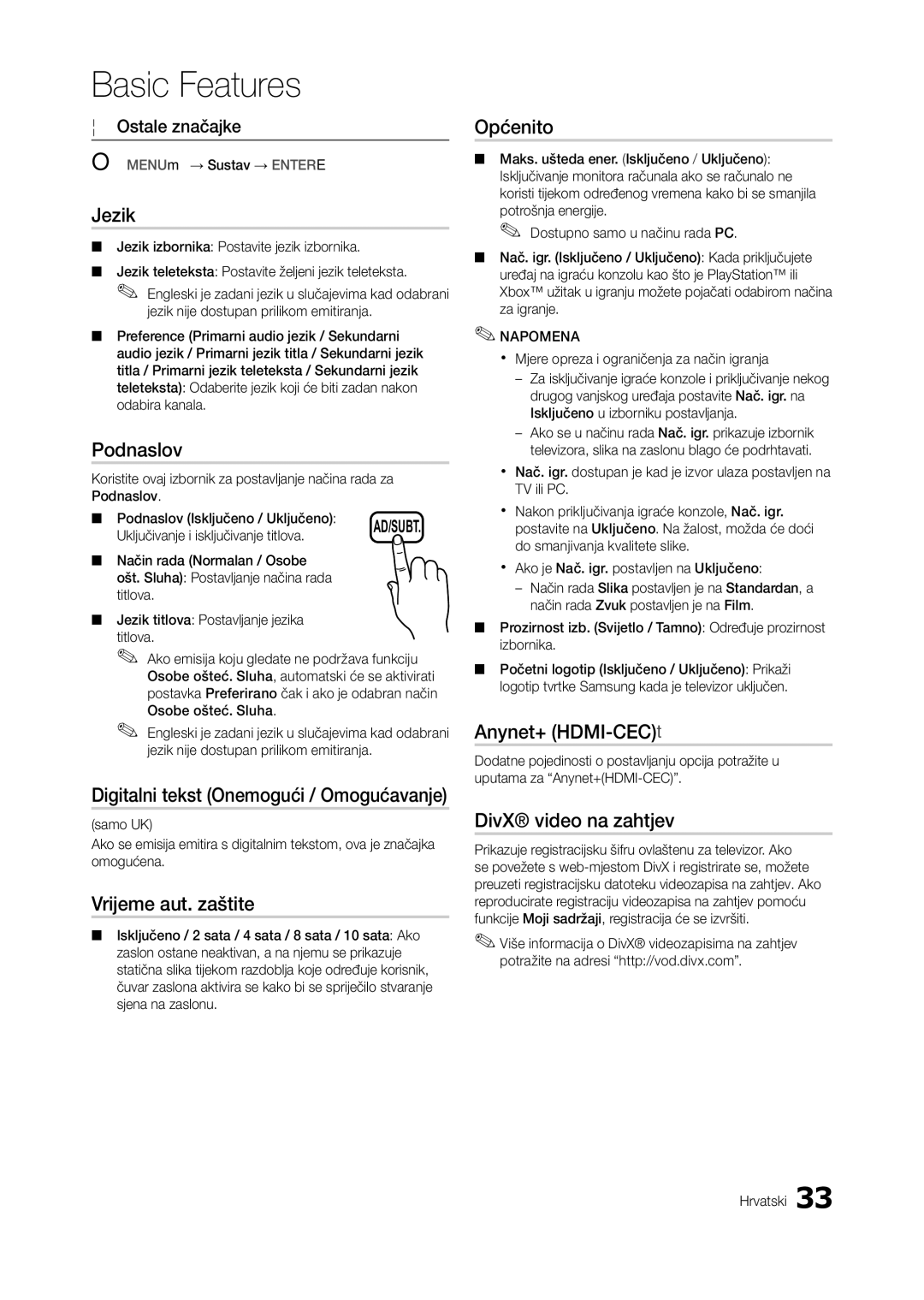 Samsung LT23A550EW/EN manual Jezik, Podnaslov, Vrijeme aut. zaštite, Općenito, Anynet+ HDMI-CECt, DivX video na zahtjev 