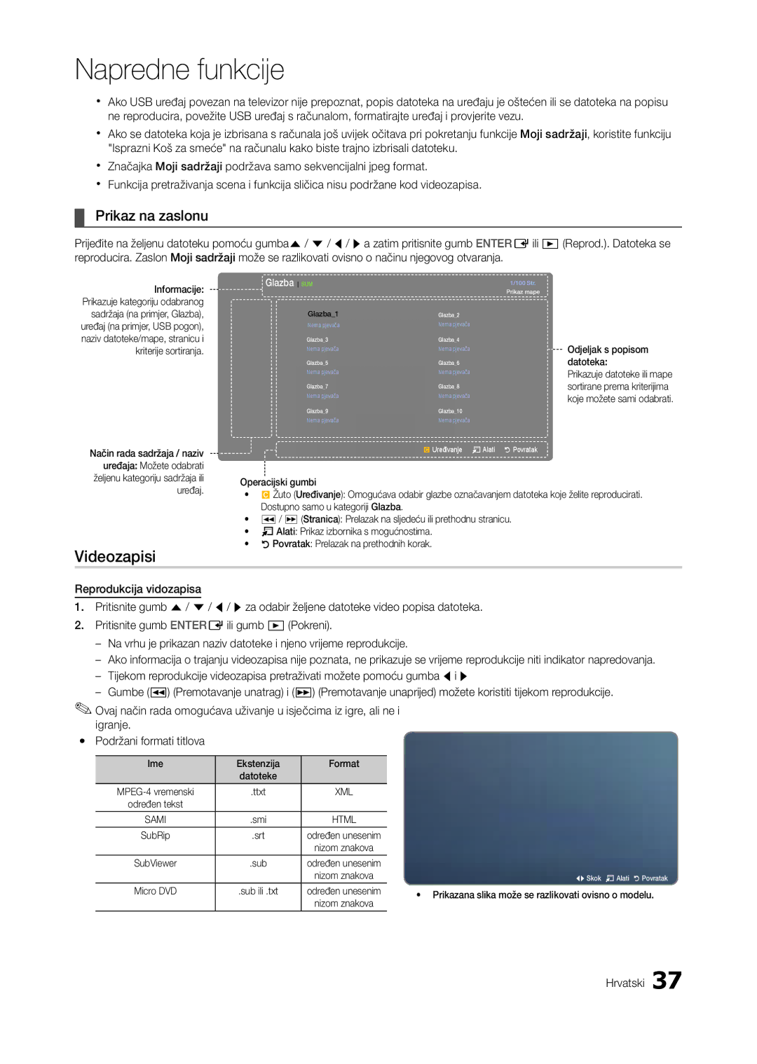 Samsung LT23A350EW/EN, LT24A350EW/EN Videozapisi, Prikaz na zaslonu, Odjeljak s popisom datoteka, Ime Ekstenzija Format 