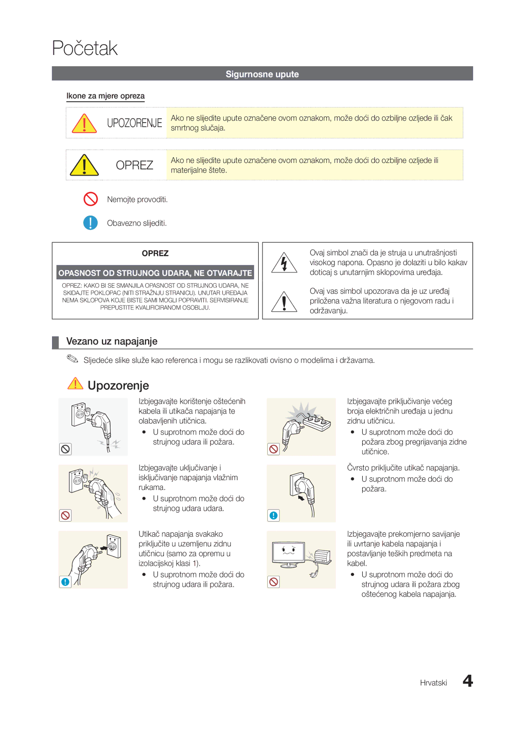 Samsung LT27A550EW/EN, LT24A350EW/EN, LT23A350EW/EN, LT22A350EW/EN manual Početak, Vezano uz napajanje, Sigurnosne upute 