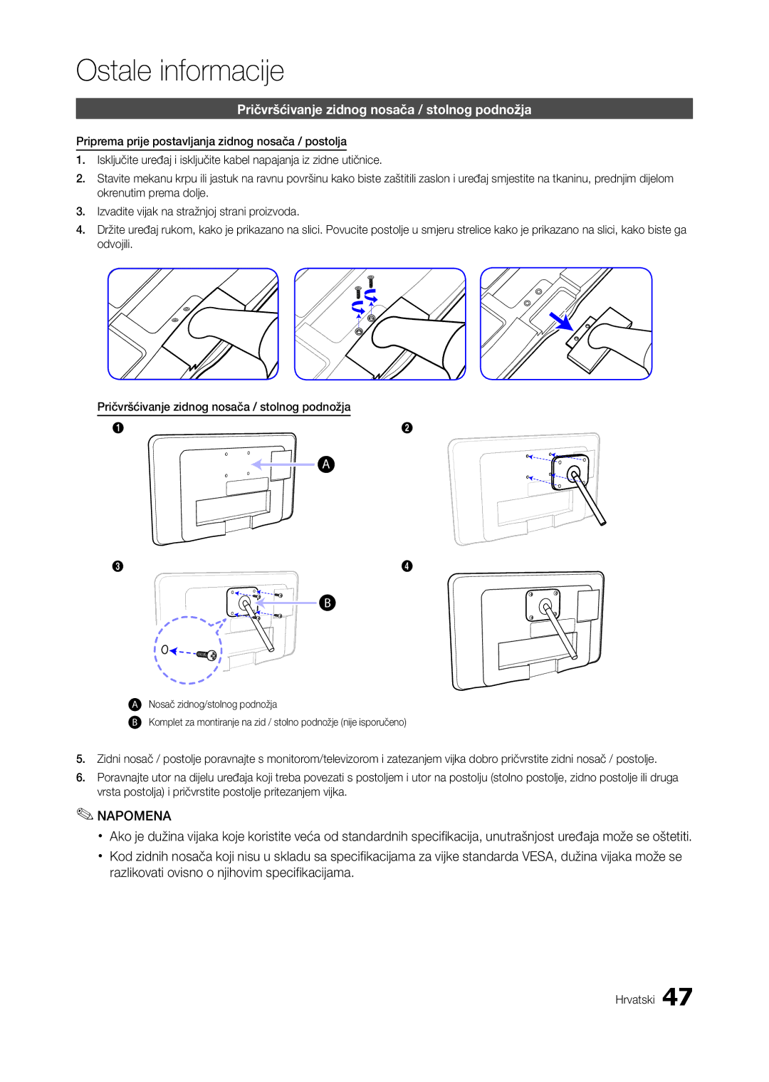 Samsung LT24A550EW/EN, LT24A350EW/EN, LT23A350EW/EN, LT22A350EW/EN Pričvršćivanje zidnog nosača / stolnog podnožja, Napomena 