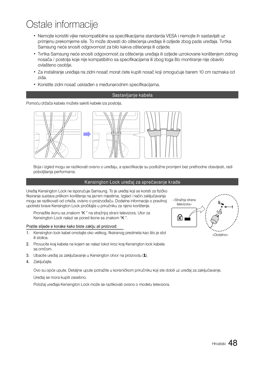 Samsung LT24A350EW/EN, LT23A350EW/EN manual Sastavljanje kabela, Kensington Lock uređaj za sprečavanje krađe, Ili stolica 