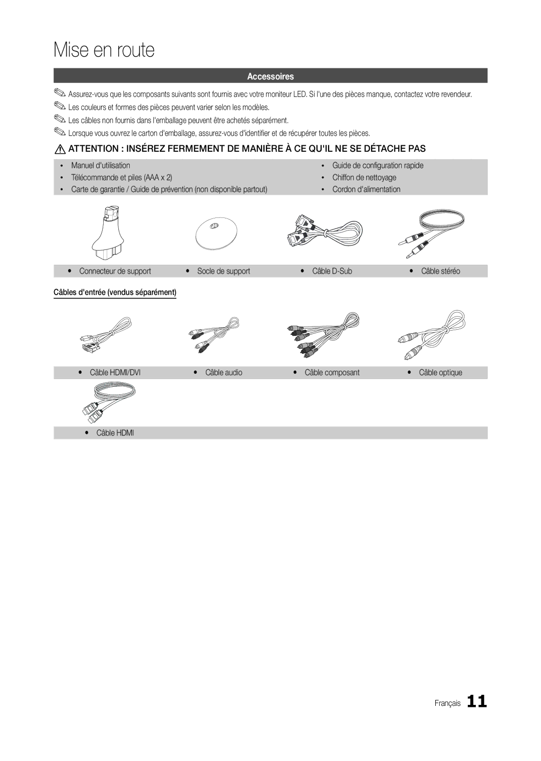 Samsung LS24B300BL/EN, LT24B300EE/EN, LS24B300BLZ/EN, LT22B350EW/EN, LT27B300EWY/EN manual Accessoires, Yy Câble Hdmi Français 