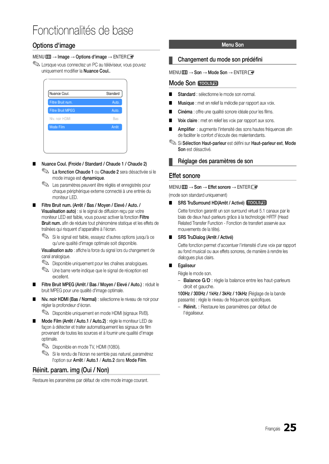 Samsung LT19B300EW/EN, LT24B300EE/EN, LS24B300BLZ/EN Options dimage, Réinit. param. img Oui / Non, Mode Son t, Effet sonore 