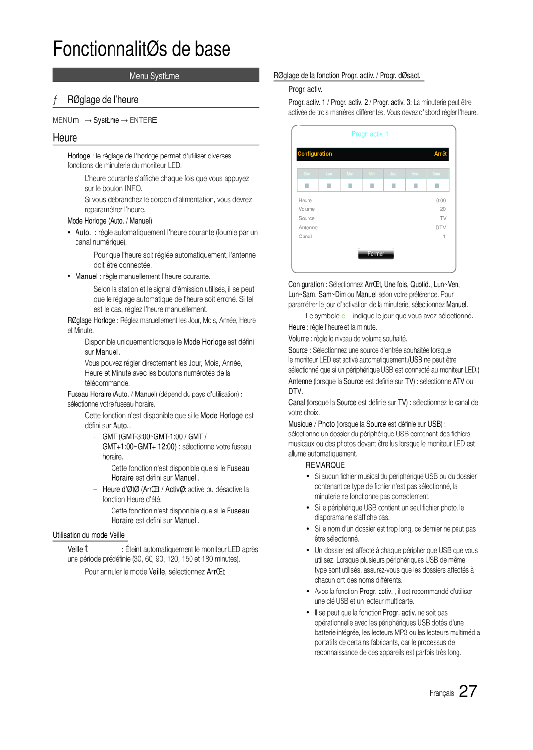 Samsung LS24B300BLZ/EN, LT24B300EE/EN, LT22B350EW/EN, LT27B300EWY/EN, LT24B300EW/EN Heure, Réglage de lheure, Menu Système 