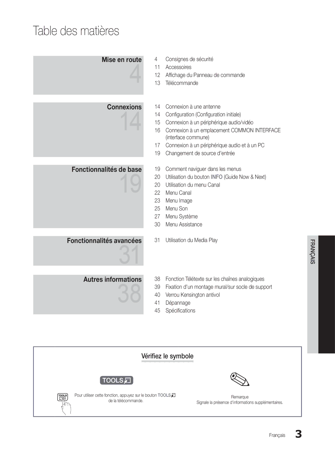 Samsung LT27B300EWY/EN Vérifiez le symbole, Pour utiliser cette fonction, appuyez sur le bouton Toolst, De la télécommande 