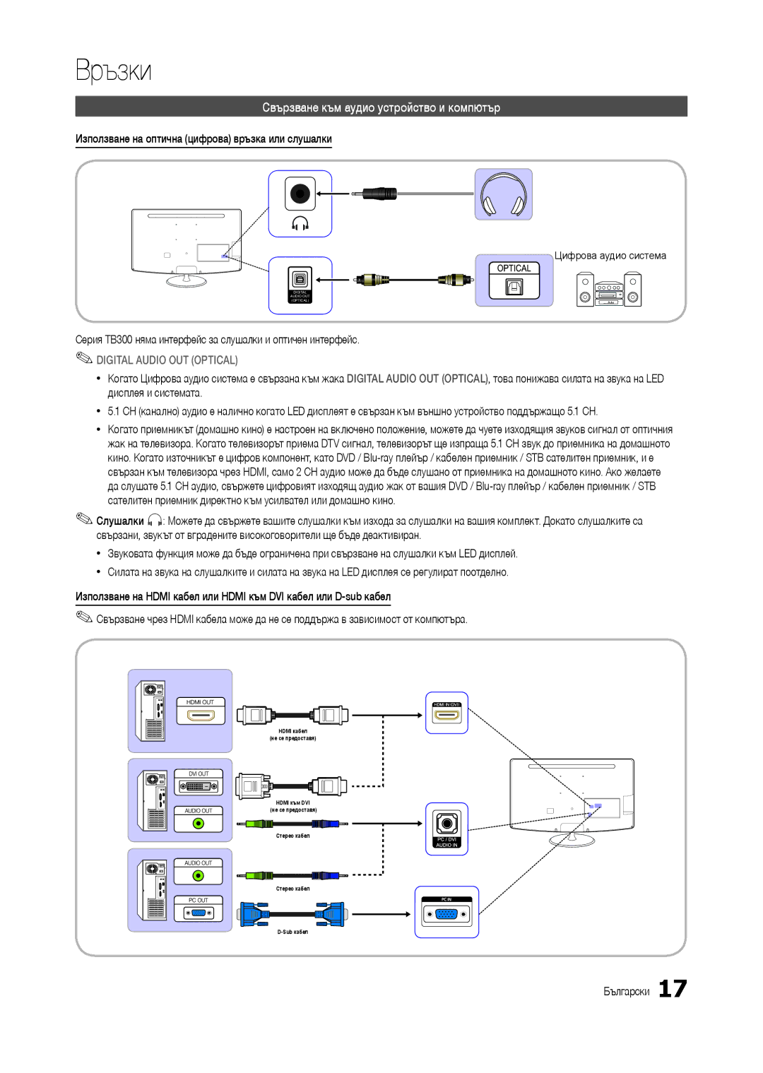 Samsung LT23B350EW/EN manual Свързване към аудио устройство и компютър, Използване на оптична цифрова връзка или слушалки 