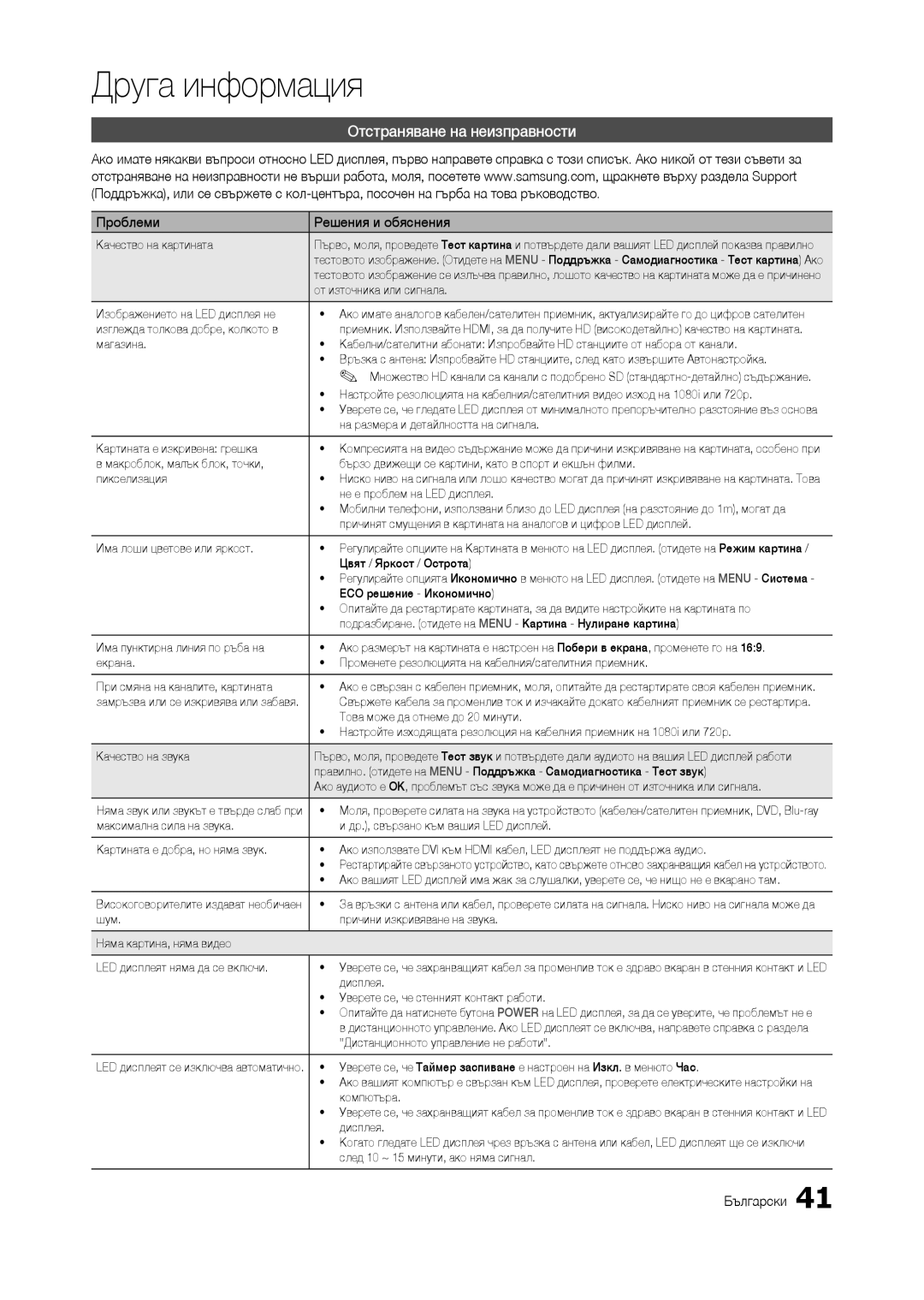 Samsung LT23B350EW/EN, LT24B300EE/EN, LT22B350EW/EN manual Отстраняване на неизправности, Проблеми Решения и обяснения 