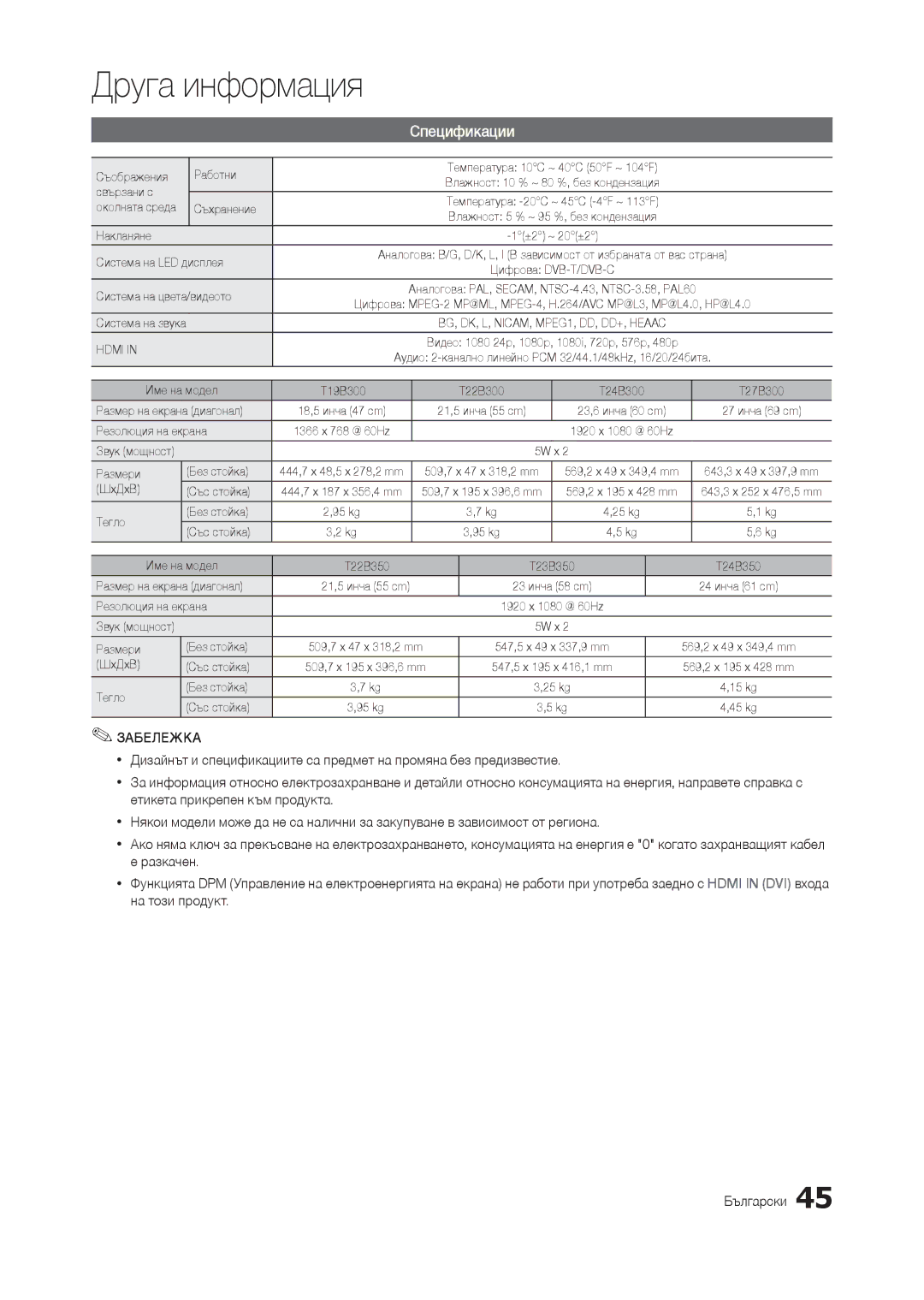 Samsung LT27B300EW/EN, LT24B300EE/EN, LT22B350EW/EN, LT27B300EWY/EN, LT24B300EW/EN, LT24B300EEC/EN, LT23B350EW/EN Спецификации 