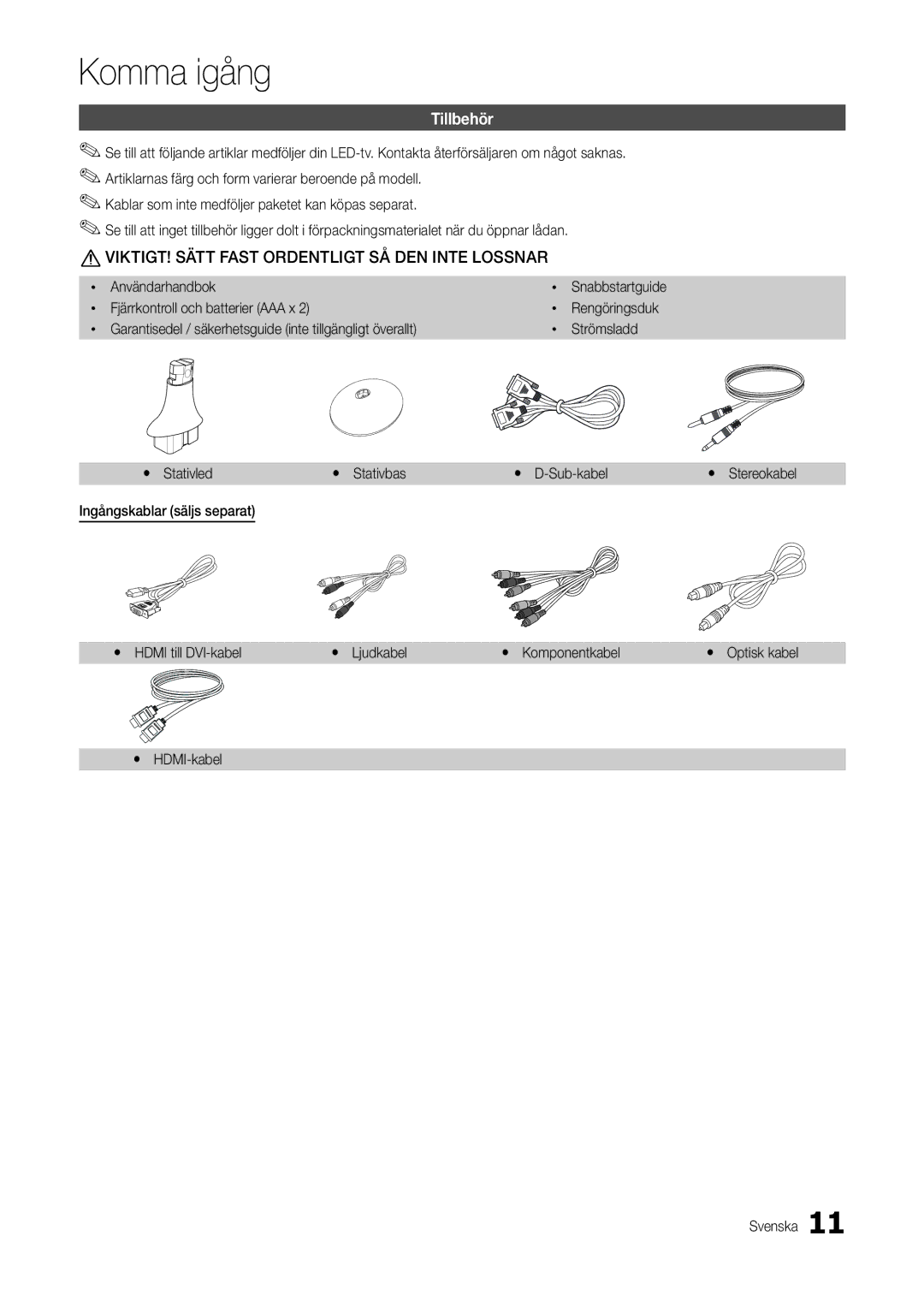 Samsung LT22B300EW/XE, LT24B300EE/XE, LT24B300EW/XE, LT27B300EW/XE, LT22B350EW/XE manual Tillbehör, Yy HDMI-kabel Svenska 