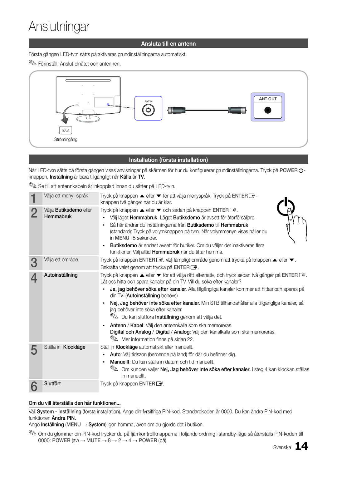 Samsung LT23B350EW/XE, LT24B300EE/XE, LT24B300EW/XE Ansluta till en antenn, Installation första installation, Hemmabruk 