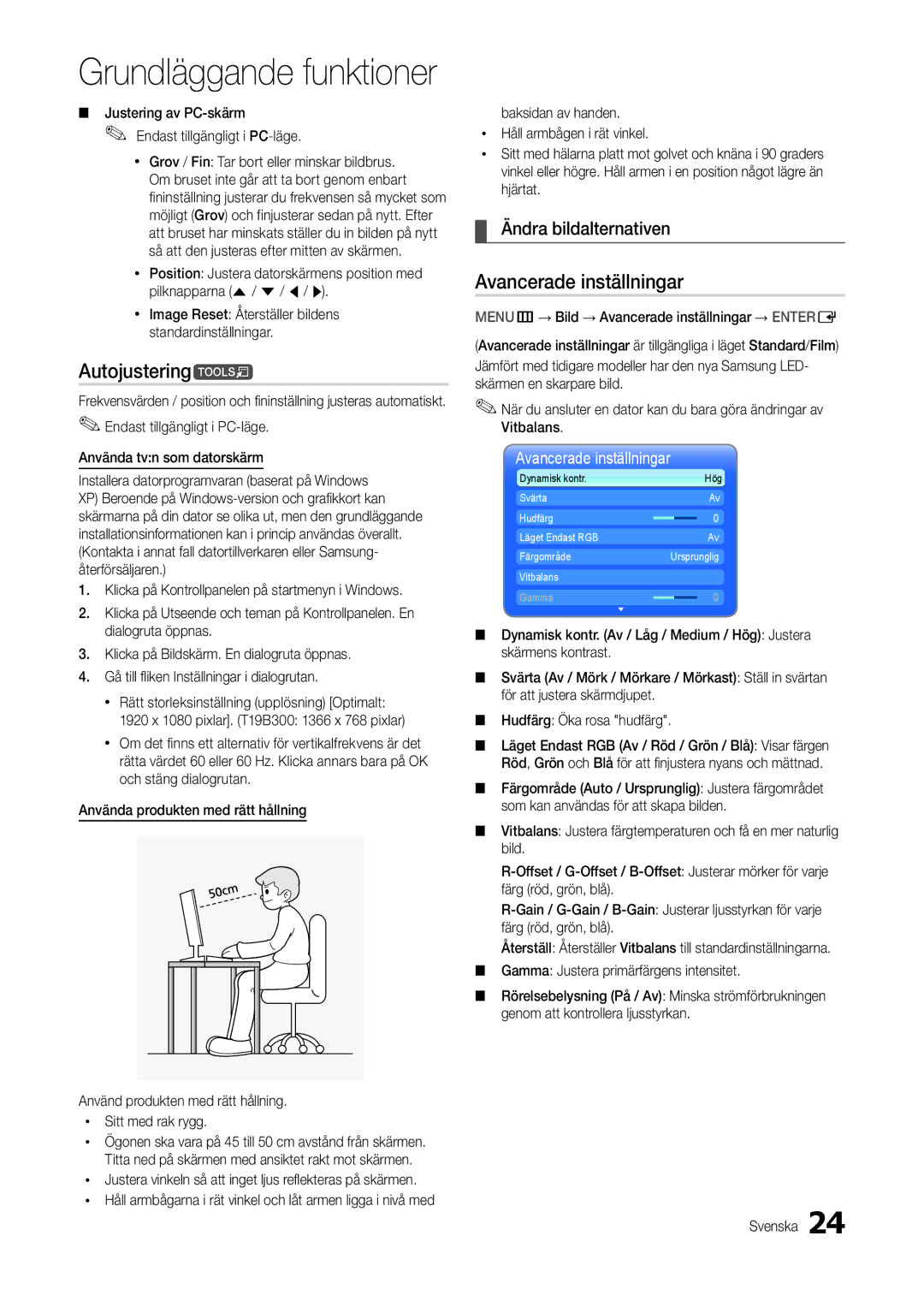 Samsung LT24B300EEC/XE, LT24B300EE/XE, LT24B300EW/XE manual Autojusteringt, Avancerade inställningar, Ändra bildalternativen 