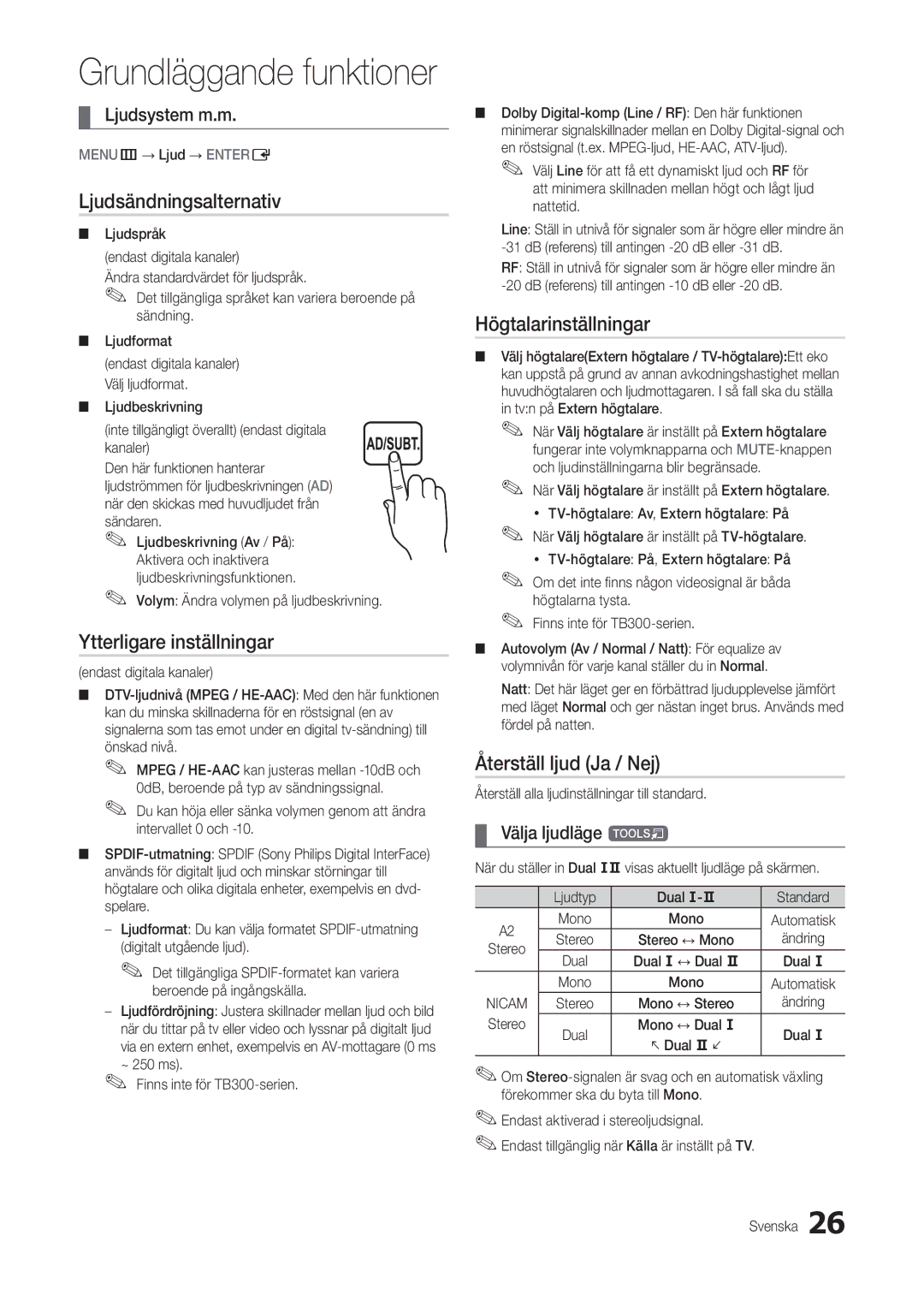 Samsung LT24B301EWY/XE Ljudsändningsalternativ, Ytterligare inställningar, Högtalarinställningar, Återställ ljud Ja / Nej 