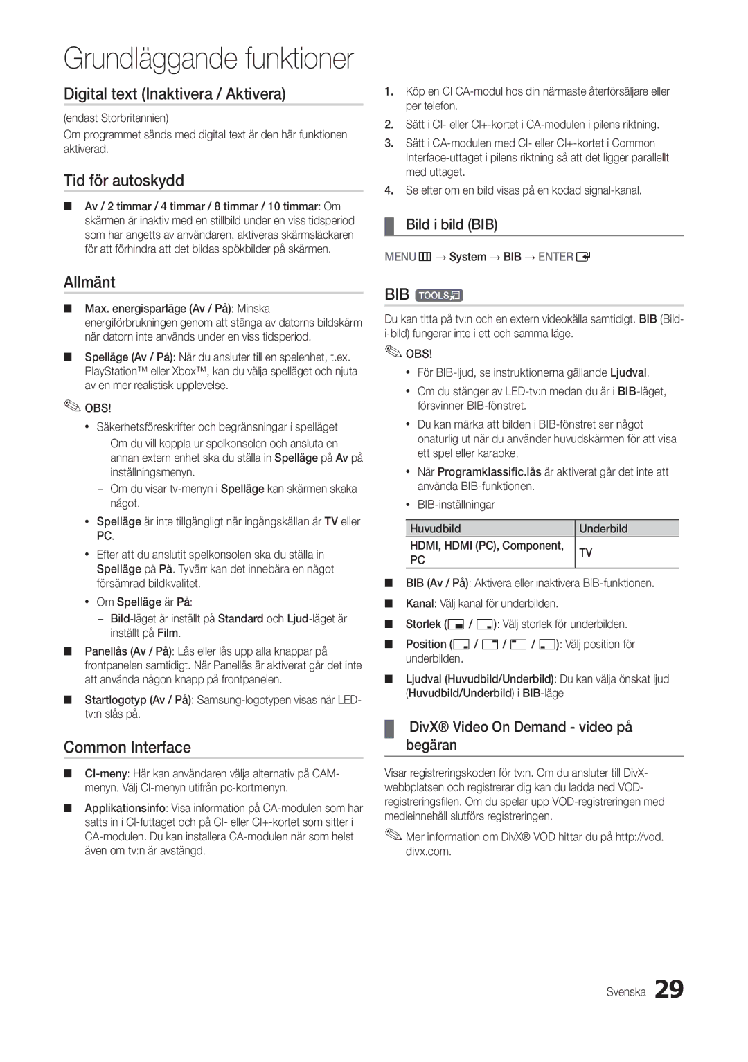 Samsung LT22B300EW/XE manual Digital text Inaktivera / Aktivera, Tid för autoskydd, Allmänt, Common Interface, BIB t 