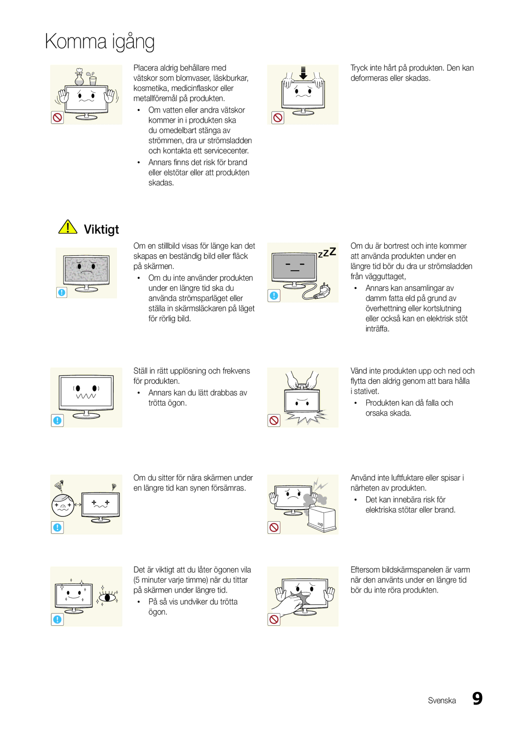 Samsung LT24B300EE/XE manual Stativet Xx Produkten kan då falla och orsaka skada, Xx På så vis undviker du trötta ögon 