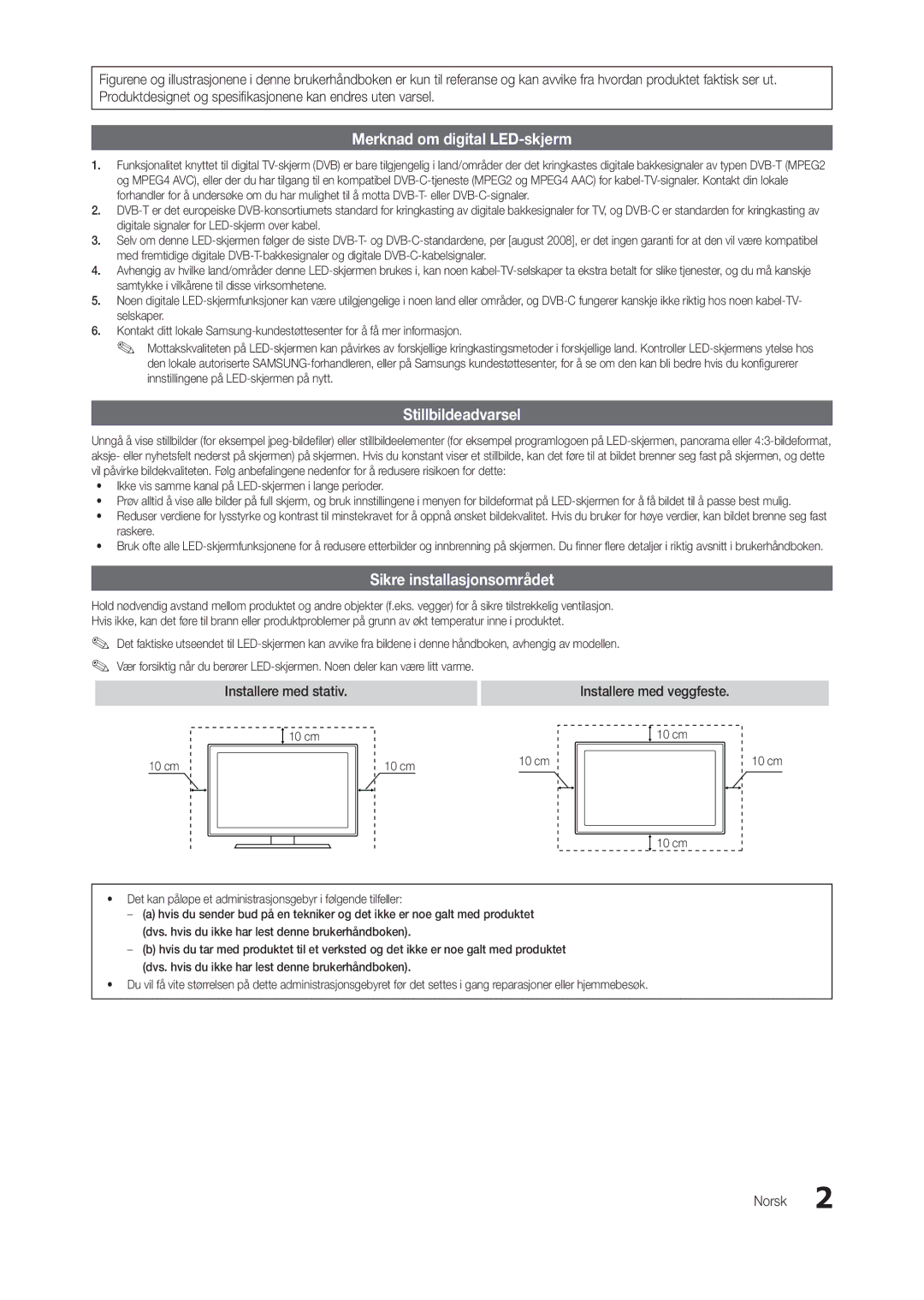 Samsung LT22B300EW/XE, LT24B300EE/XE manual Merknad om digital LED-skjerm, Stillbildeadvarsel, Sikre installasjonsområdet 