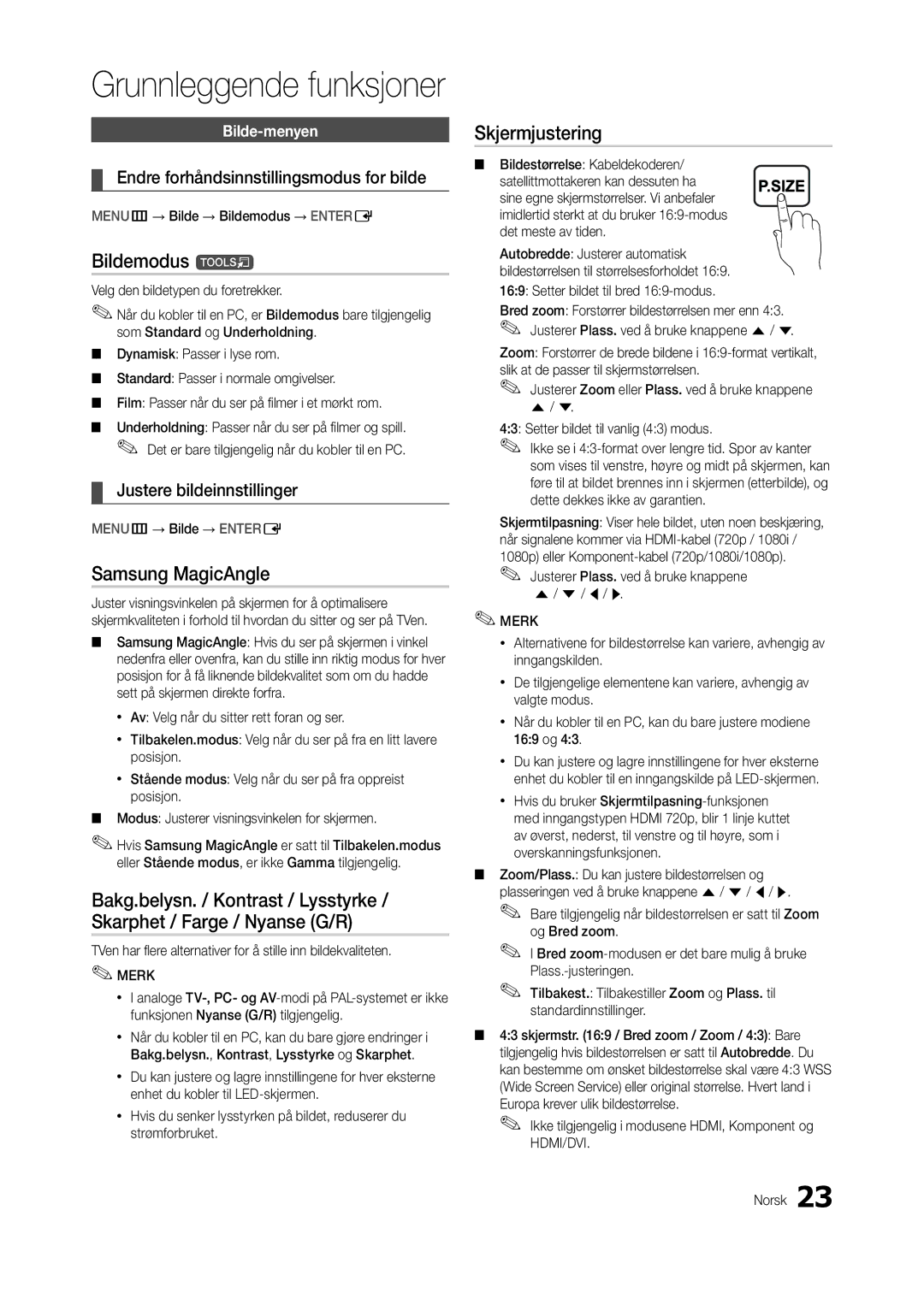 Samsung LT23B350EW/XE manual Bildemodus t, Samsung MagicAngle, Skjermjustering, Endre forhåndsinnstillingsmodus for bilde 