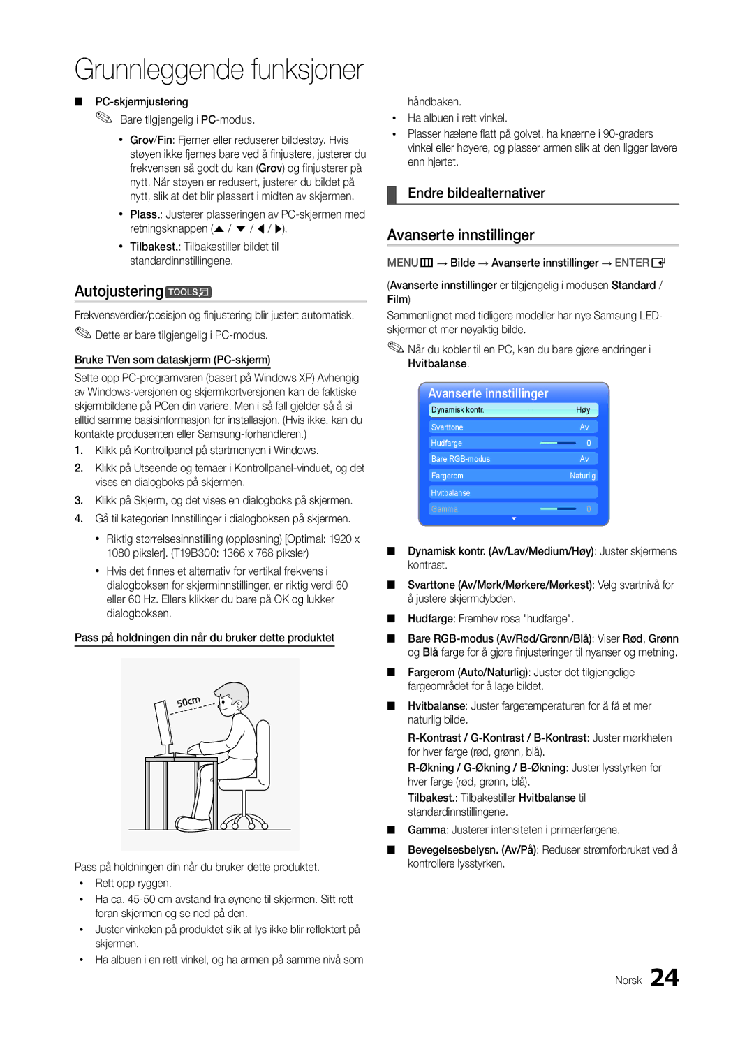 Samsung LT24B300EEC/XE, LT24B300EE/XE, LT24B300EW/XE manual Autojusteringt, Avanserte innstillinger, Endre bildealternativer 