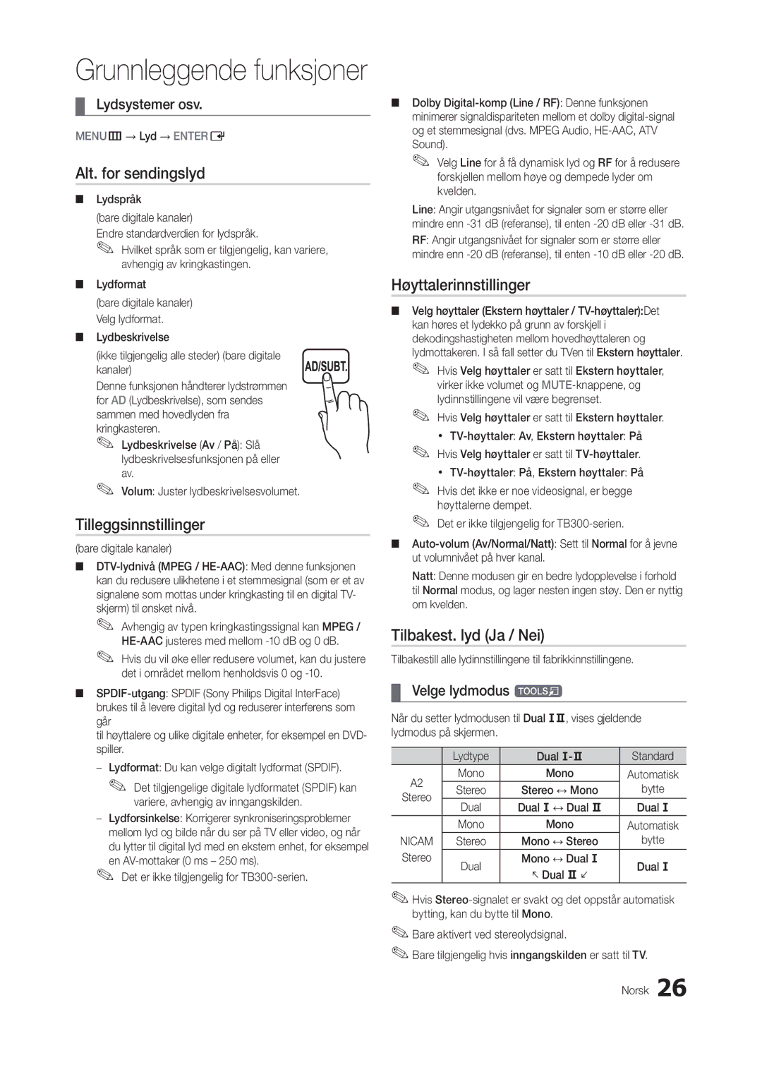 Samsung LT24B301EWY/XE manual Alt. for sendingslyd, Tilleggsinnstillinger, Høyttalerinnstillinger, Tilbakest. lyd Ja / Nei 