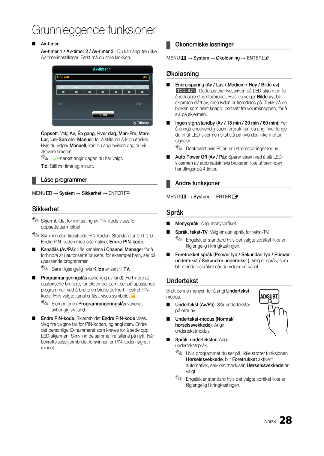 Samsung LT24B300EW/XE, LT24B300EE/XE, LT22B300EW/XE, LT27B300EW/XE, LT22B350EW/XE Sikkerhet, Økoløsning, Språk, Undertekst 