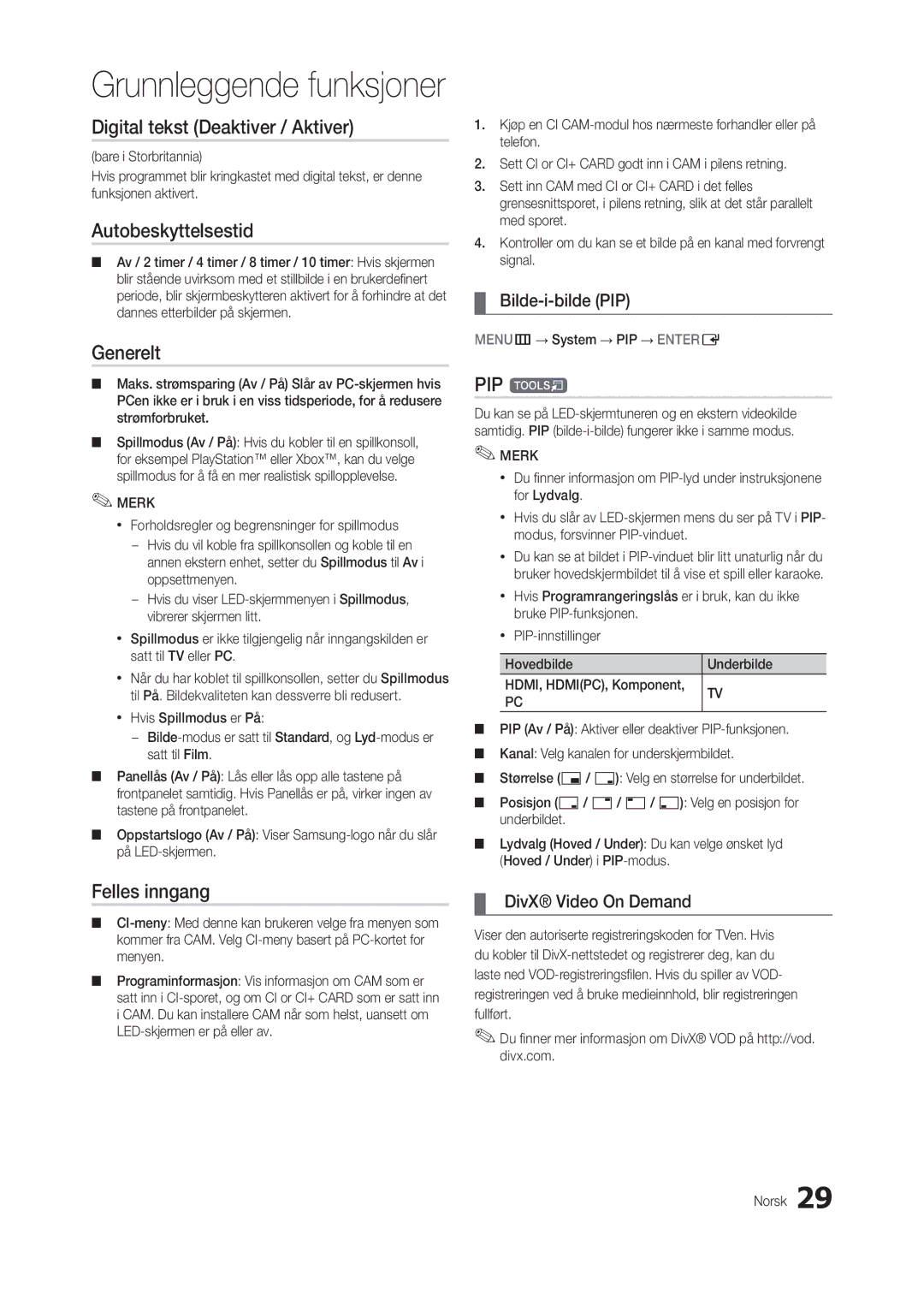 Samsung LT22B300EW/XE manual Digital tekst Deaktiver / Aktiver, Autobeskyttelsestid, Generelt, Felles inngang, PIP t 