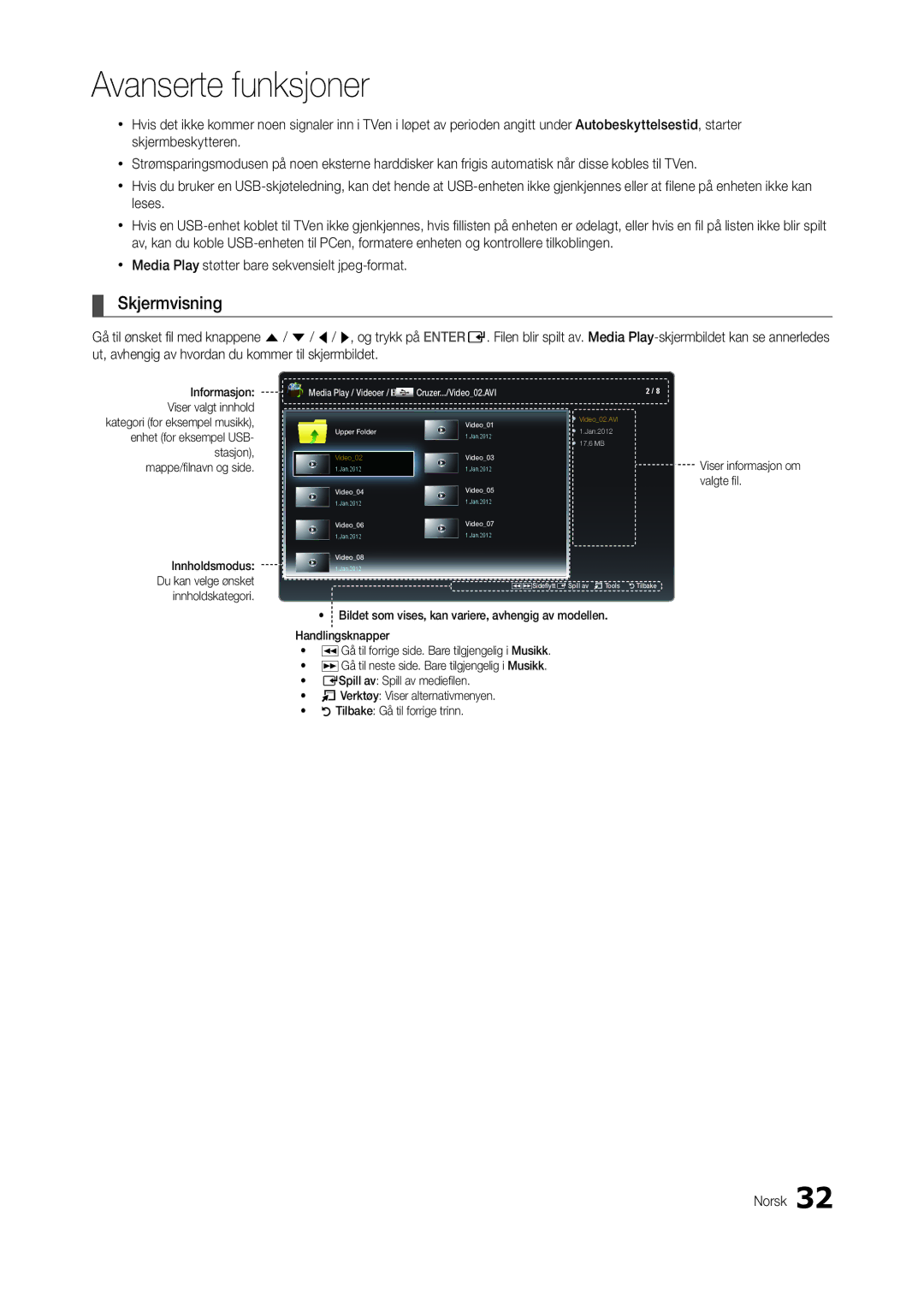 Samsung LT23B350EW/XE, LT24B300EE/XE, LT24B300EW/XE, LT22B300EW/XE manual Skjermvisning, Viser informasjon om valgte fi l 