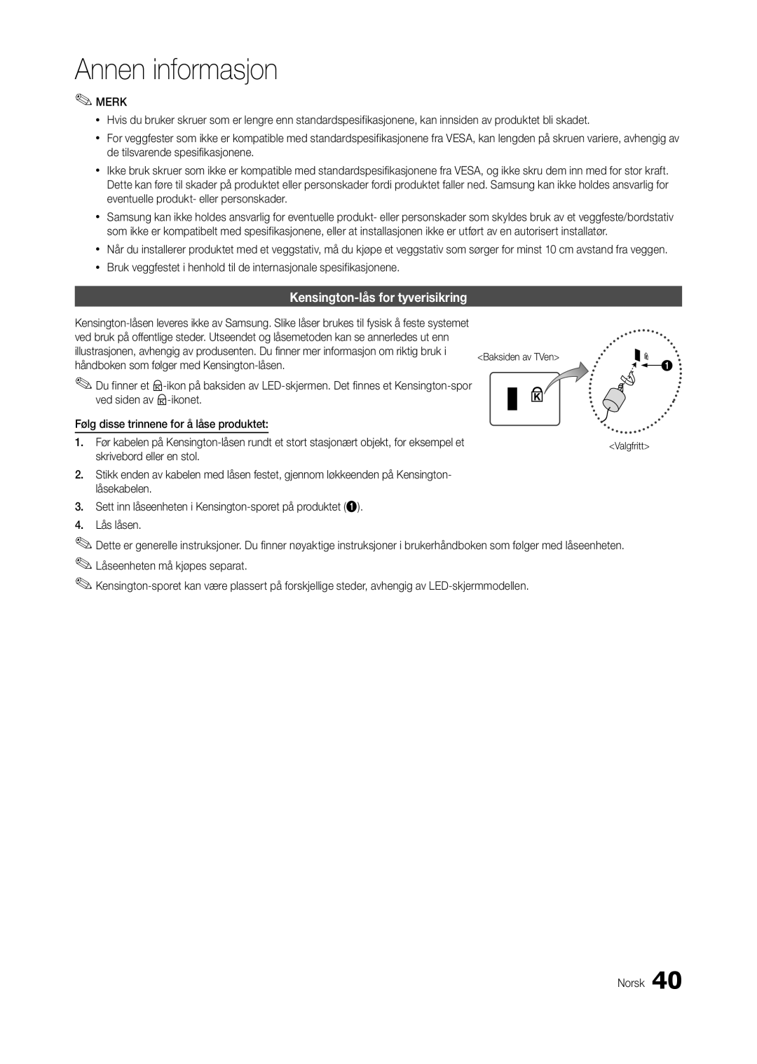 Samsung LT22B350EW/XE, LT24B300EE/XE, LT24B300EW/XE, LT22B300EW/XE, LT27B300EW/XE manual Kensington-lås for tyverisikring 