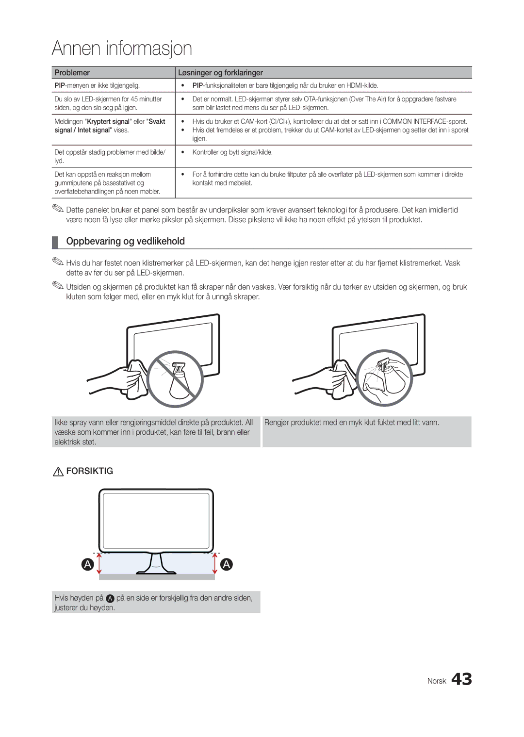 Samsung LT27B300EWY/XE, LT24B300EE/XE manual Oppbevaring og vedlikehold, På en side er forskjellig fra den andre siden Norsk 