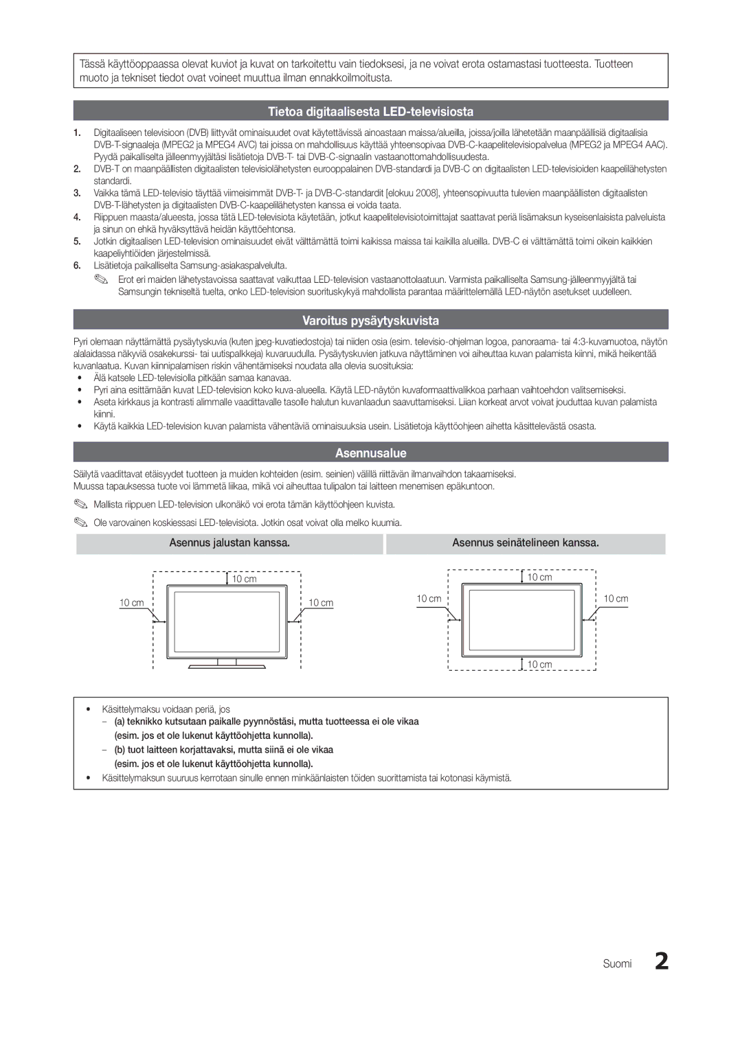 Samsung LT22B300EW/XE, LT24B300EE/XE manual Tietoa digitaalisesta LED-televisiosta, Varoitus pysäytyskuvista, Asennusalue 