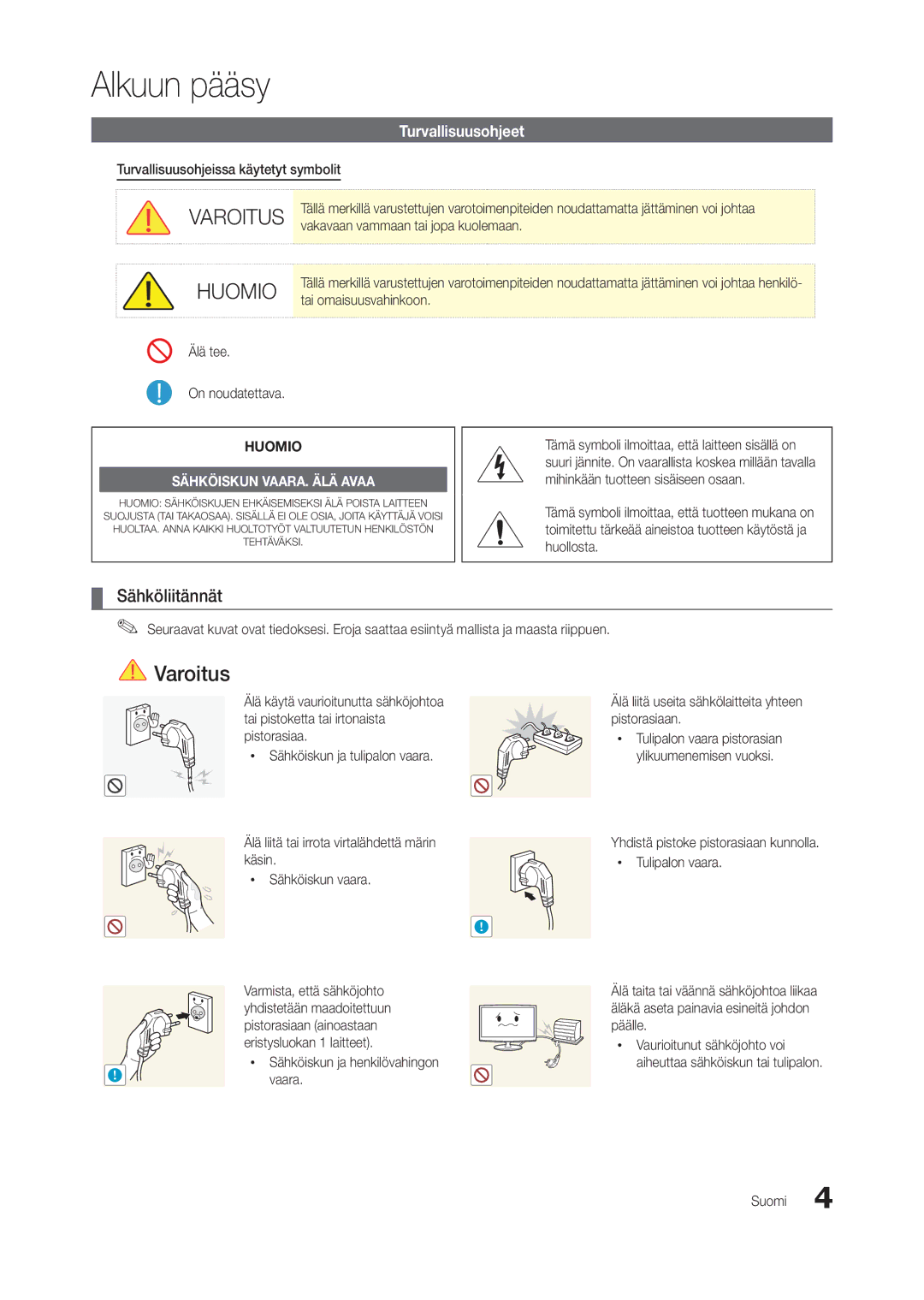 Samsung LT22B350EW/XE, LT24B300EE/XE, LT24B300EW/XE, LT22B300EW/XE manual Alkuun pääsy, Sähköliitännät, Turvallisuusohjeet 