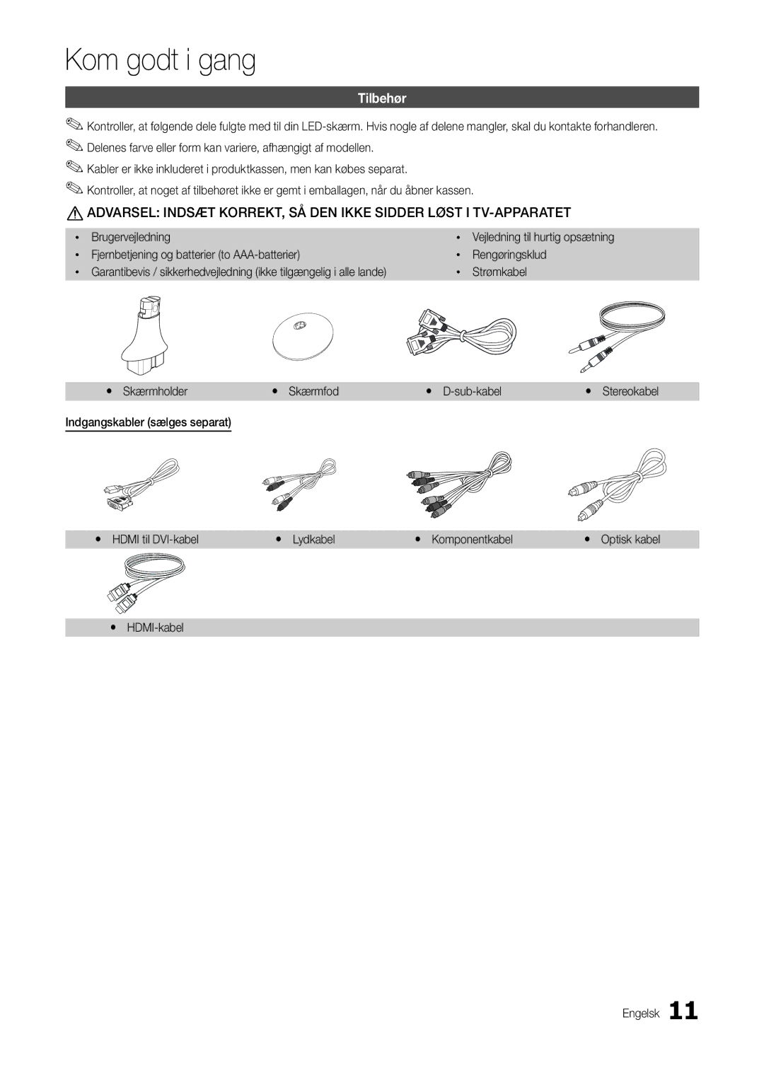 Samsung LT22B300EW/XE manual Tilbehør, Xx Strømkabel Yy Skærmholder Yy Skærmfod Yy D-sub-kabel, Yy HDMI-kabel Engelsk 