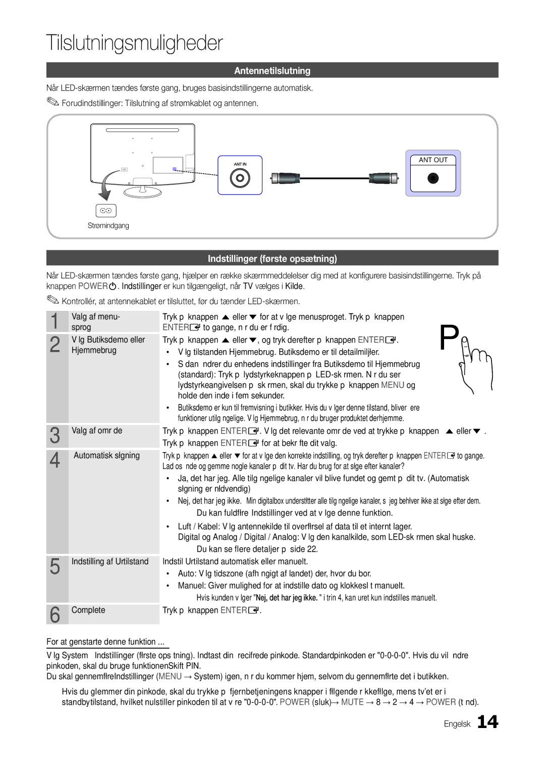 Samsung LT23B350EW/XE, LT24B300EE/XE manual Tilslutningsmuligheder, Antennetilslutning, Indstillinger første opsætning 