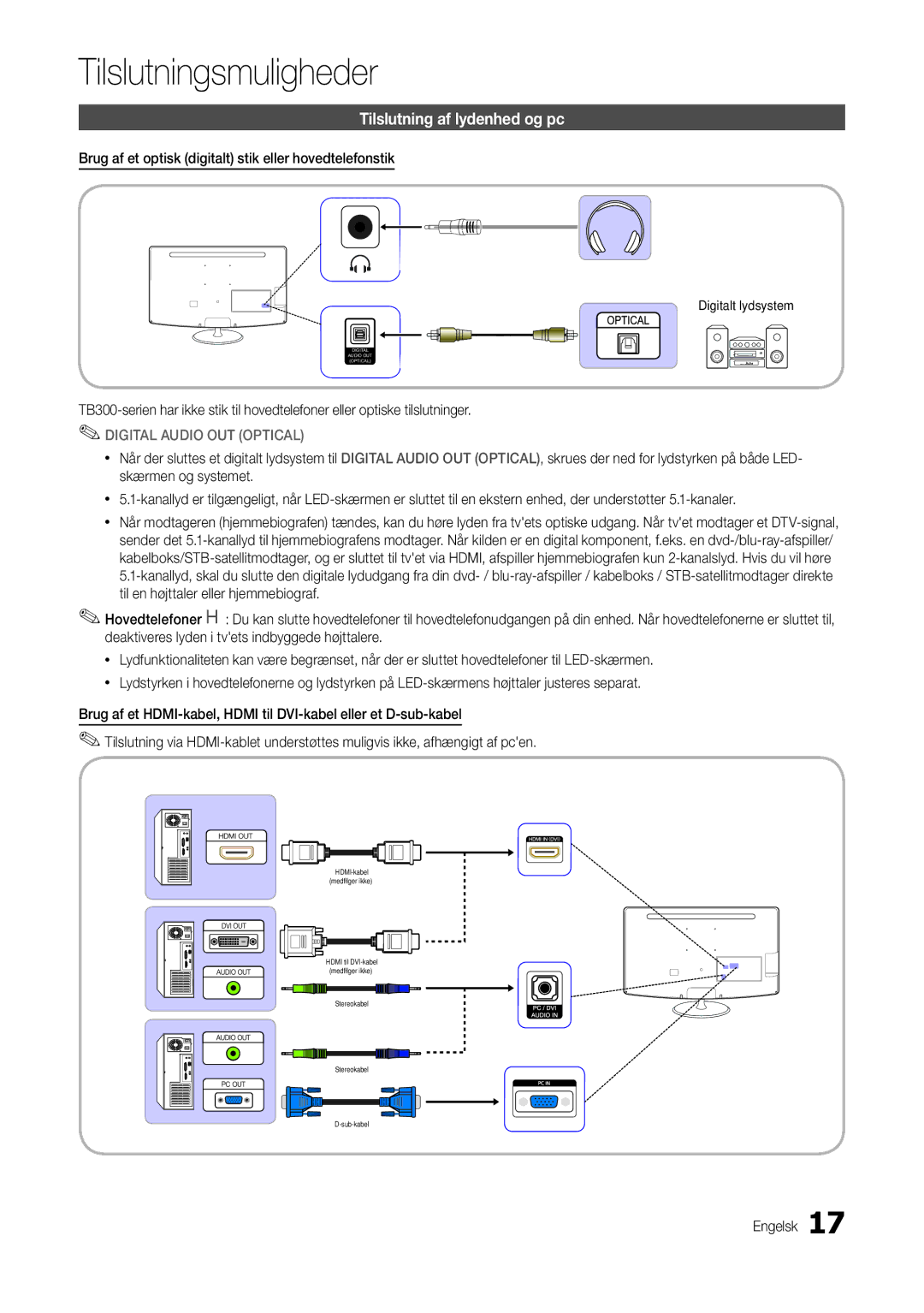 Samsung LT24B301EWY/XE manual Tilslutning af lydenhed og pc, Brug af et optisk digitalt stik eller hovedtelefonstik 