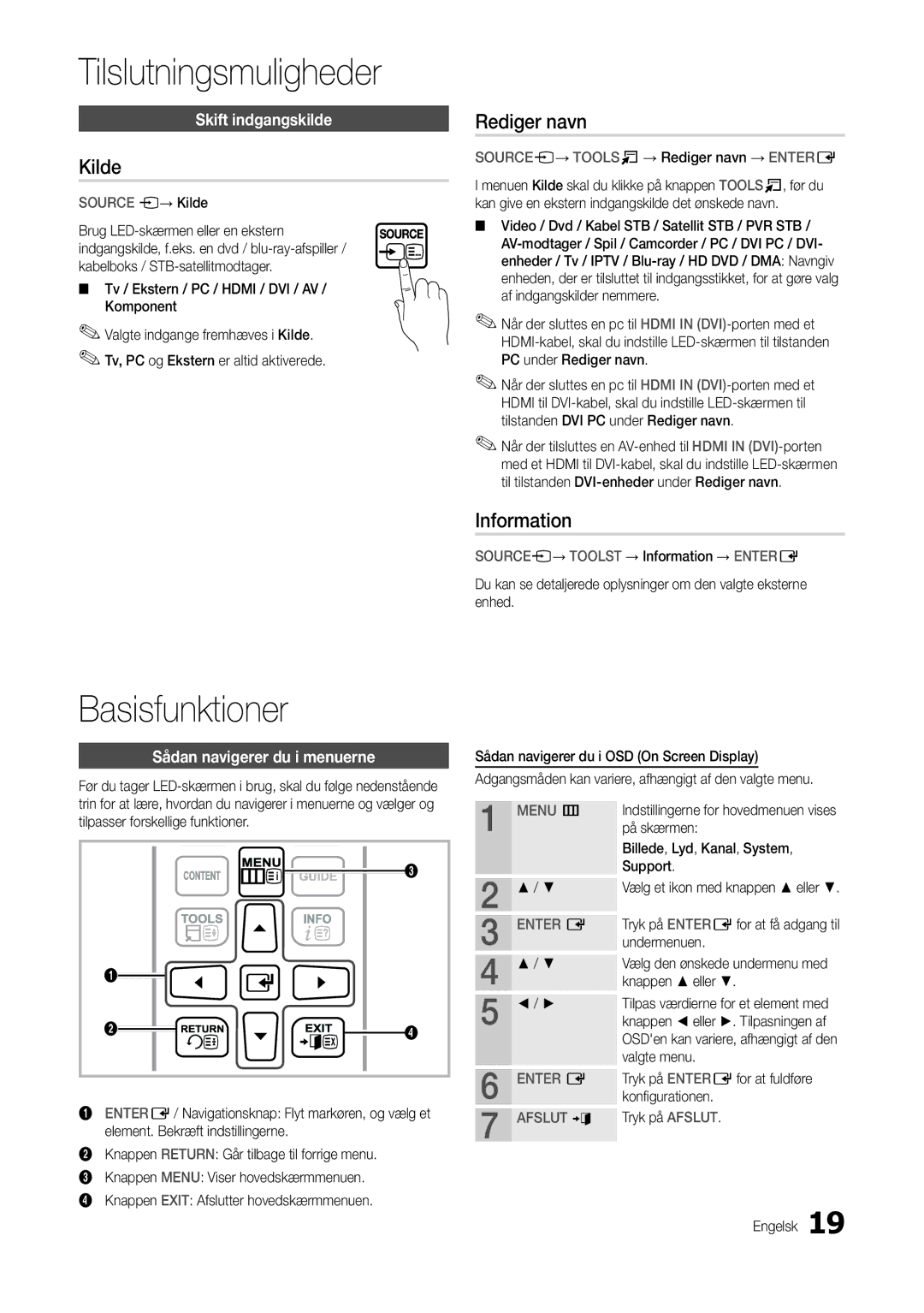 Samsung LT24B300EW/XE, LT24B300EE/XE, LT22B300EW/XE, LT27B300EW/XE manual Basisfunktioner, Kilde, Rediger navn, Information 