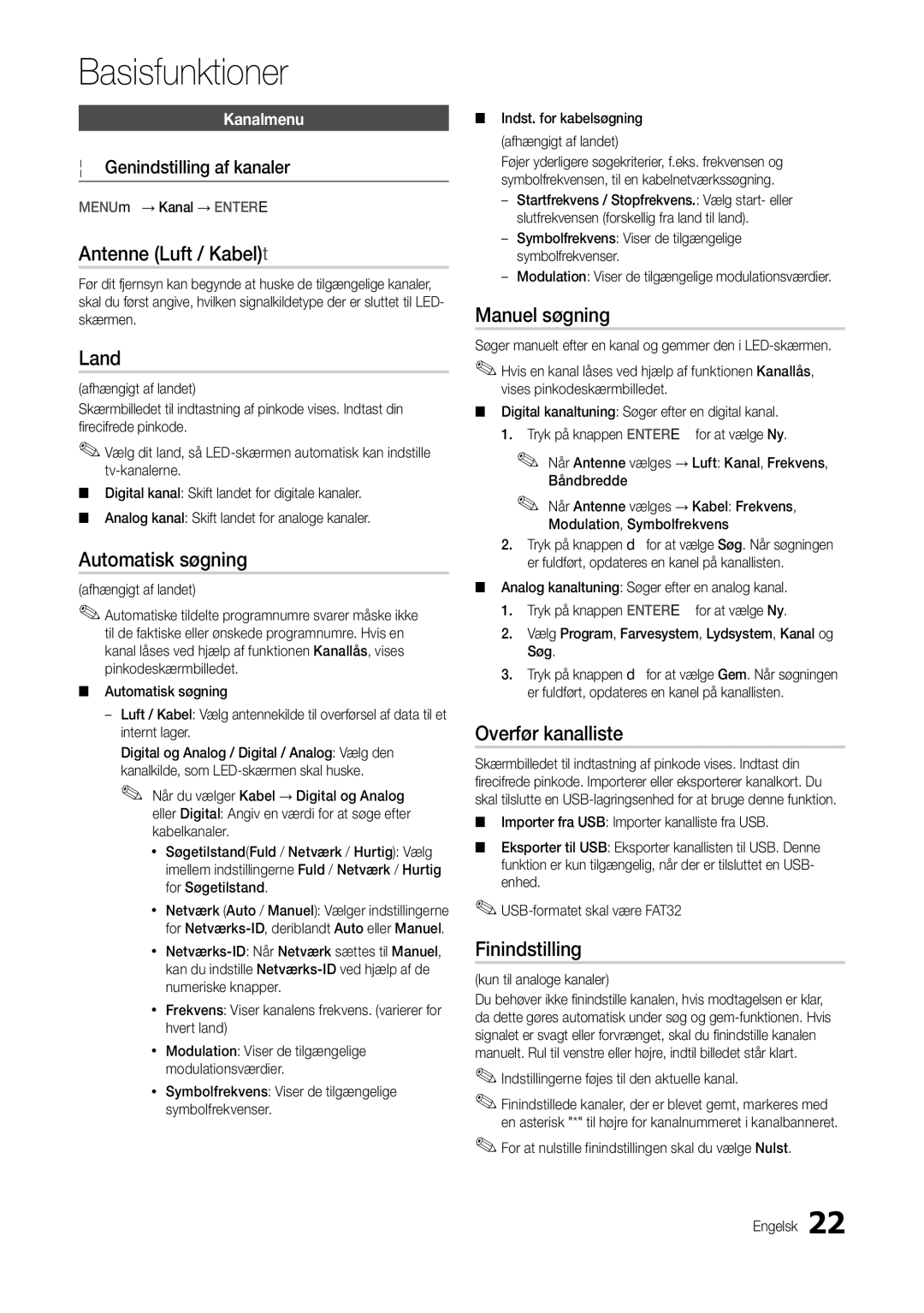 Samsung LT22B350EW/XE Antenne Luft / Kabelt, Land, Automatisk søgning, Manuel søgning, Overfør kanalliste, Finindstilling 
