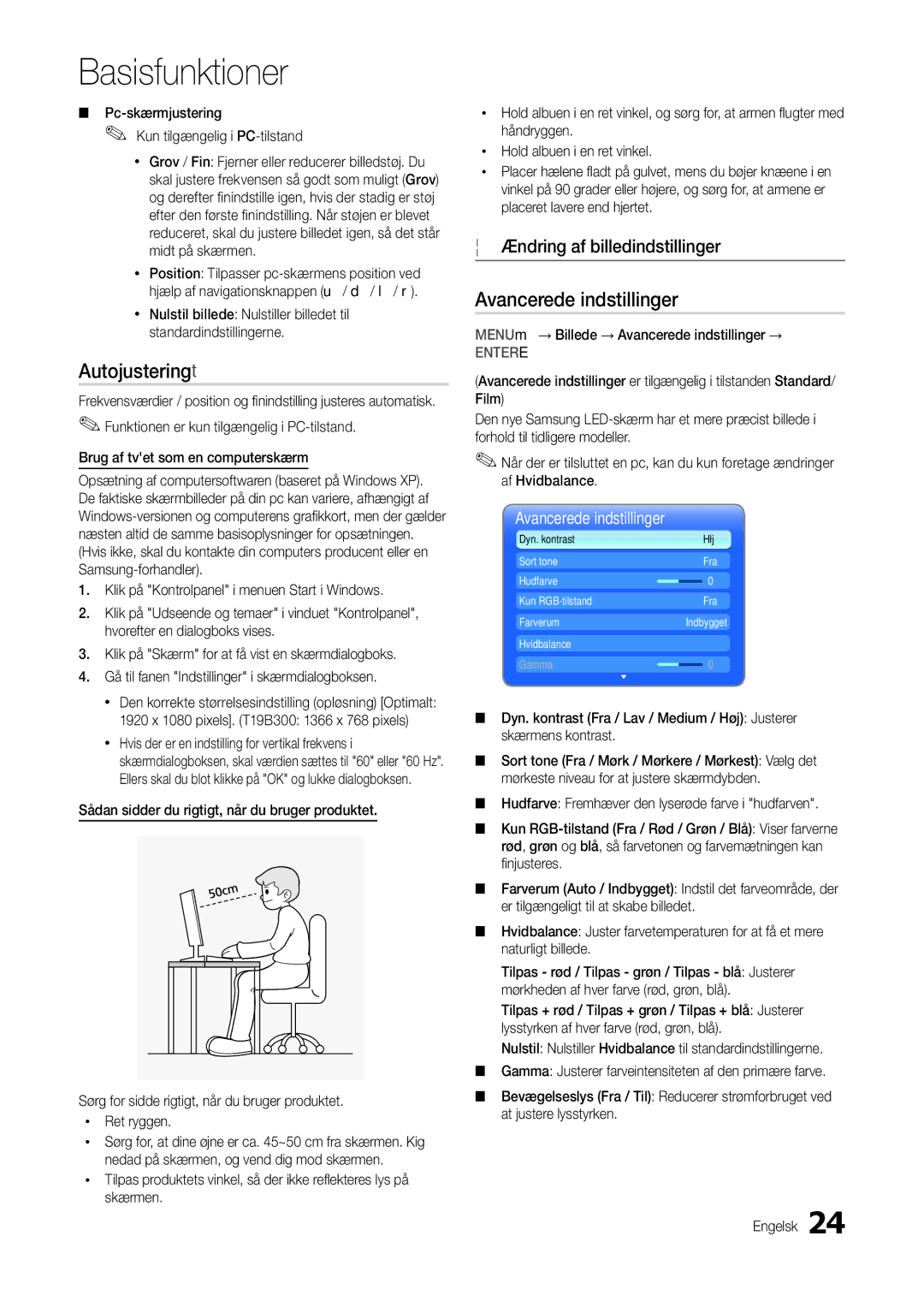 Samsung LT24B300EEC/XE, LT24B300EE/XE manual Autojusteringt, Avancerede indstillinger, Ændring af billedindstillinger 