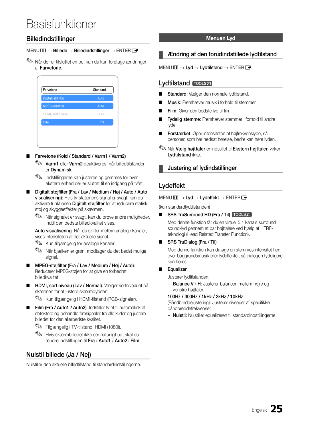 Samsung LT27B300EWY/XE, LT24B300EE/XE manual Billedindstillinger, Nulstil billede Ja / Nej, Lydtilstand t, Lydeffekt 