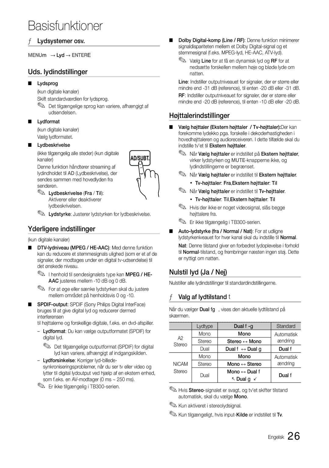 Samsung LT24B301EWY/XE manual Uds. lydindstillinger, Yderligere indstillinger, Højttalerindstillinger, Nulstil lyd Ja / Nej 