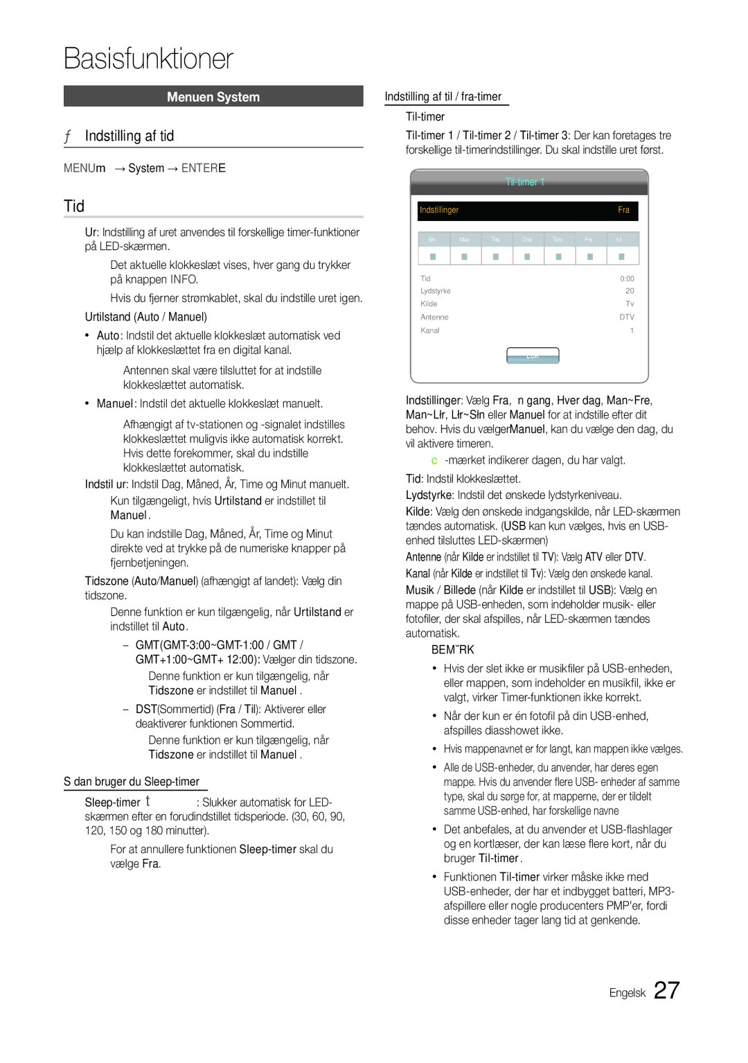 Samsung LT24B300EE/XE manual Tid, Indstilling af tid, Menuen System, MENUm→ System → Entere, Urtilstand Auto / Manuel 