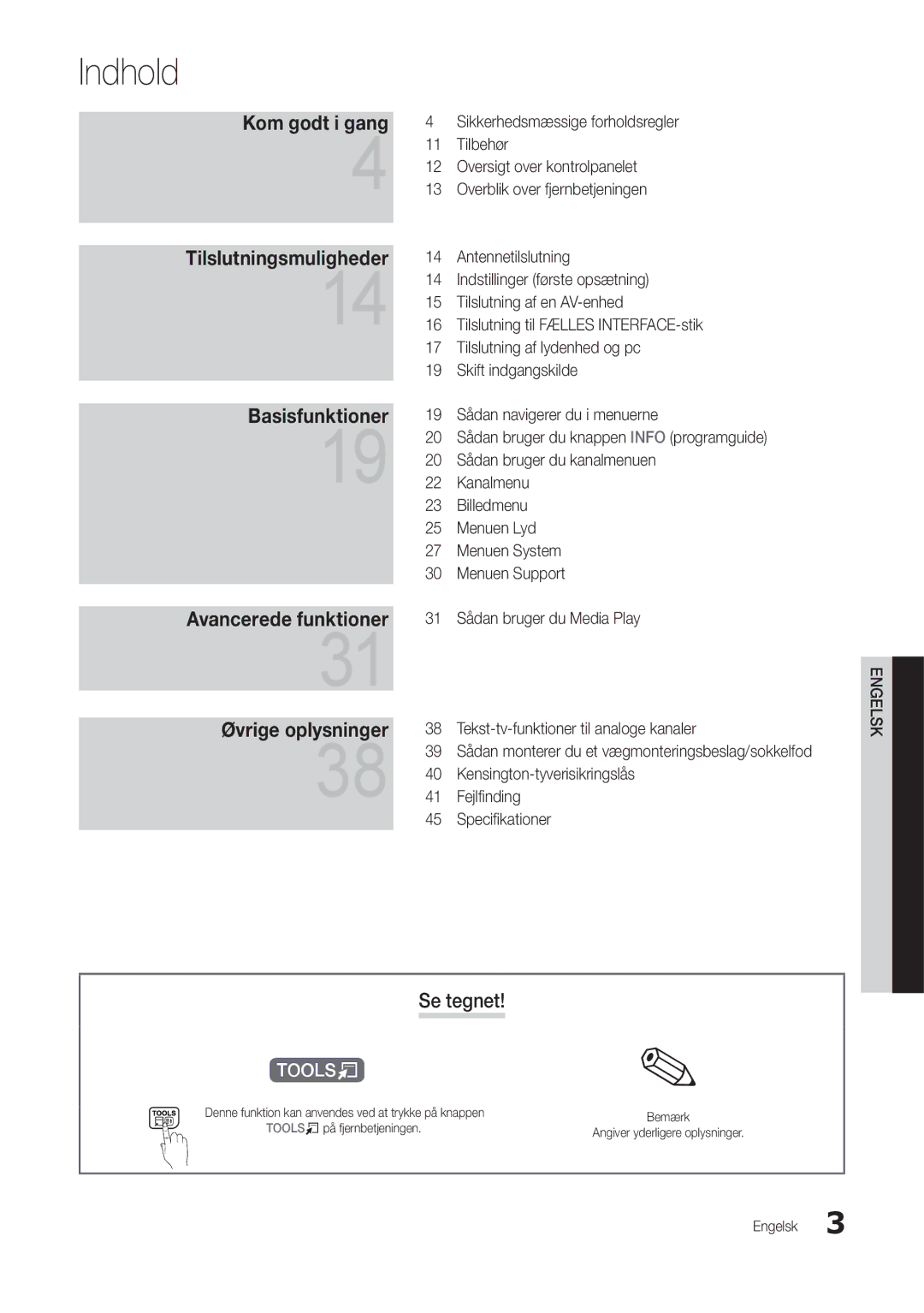 Samsung LT27B300EW/XE, LT24B300EE/XE manual Indhold, Se tegnet, 39 Sådan monterer du et vægmonteringsbeslag/sokkelfod 