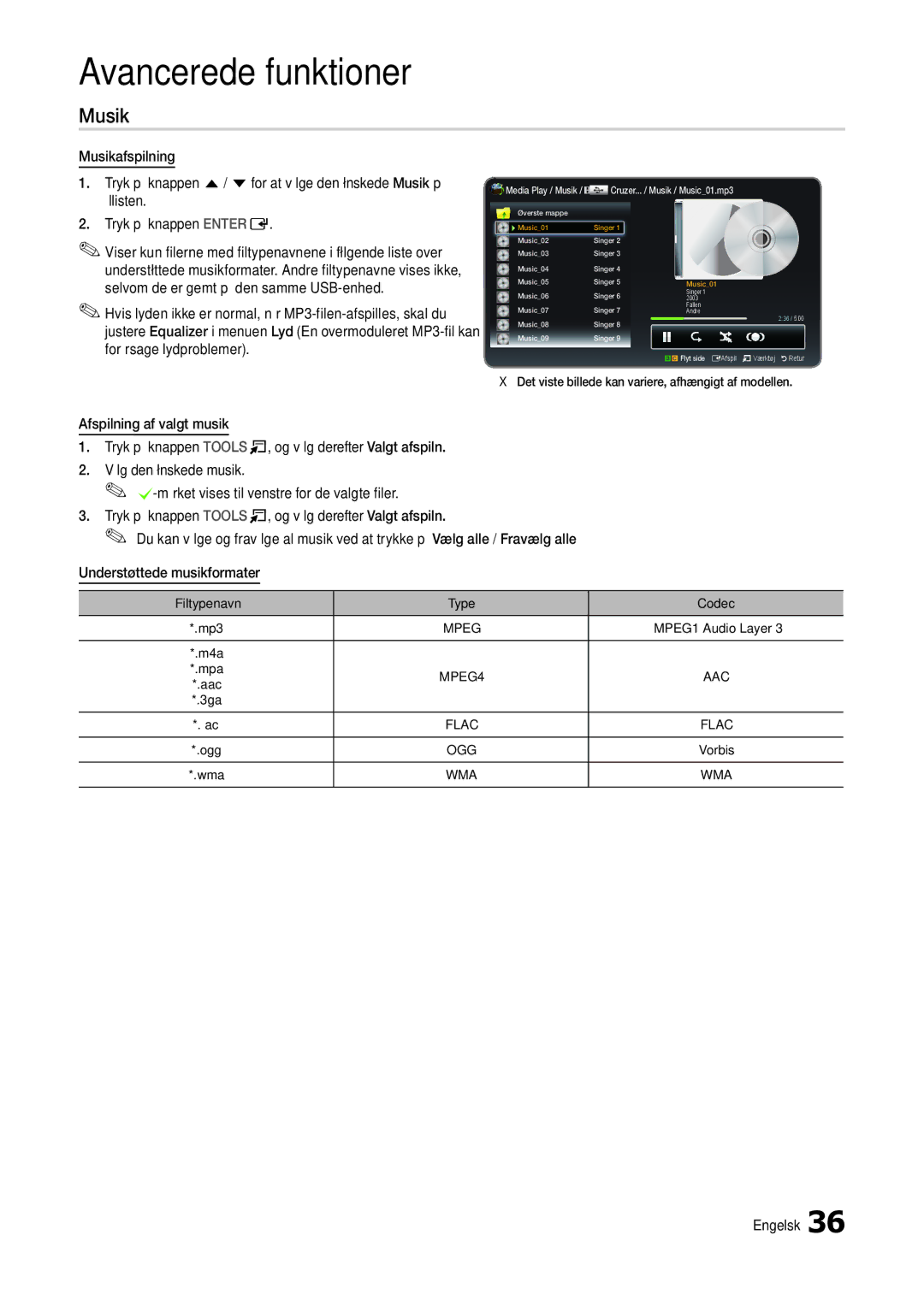 Samsung LT24B300EE/XE, LT24B300EW/XE, LT22B300EW/XE, LT27B300EW/XE, LT22B350EW/XE manual Musik, Filtypenavn Type Codec Mp3 