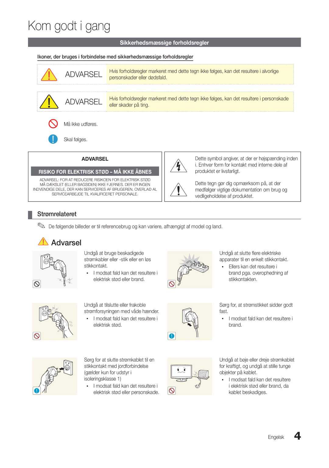 Samsung LT22B350EW/XE, LT24B300EE/XE, LT24B300EW/XE manual Kom godt i gang, Strømrelateret, Sikkerhedsmæssige forholdsregler 