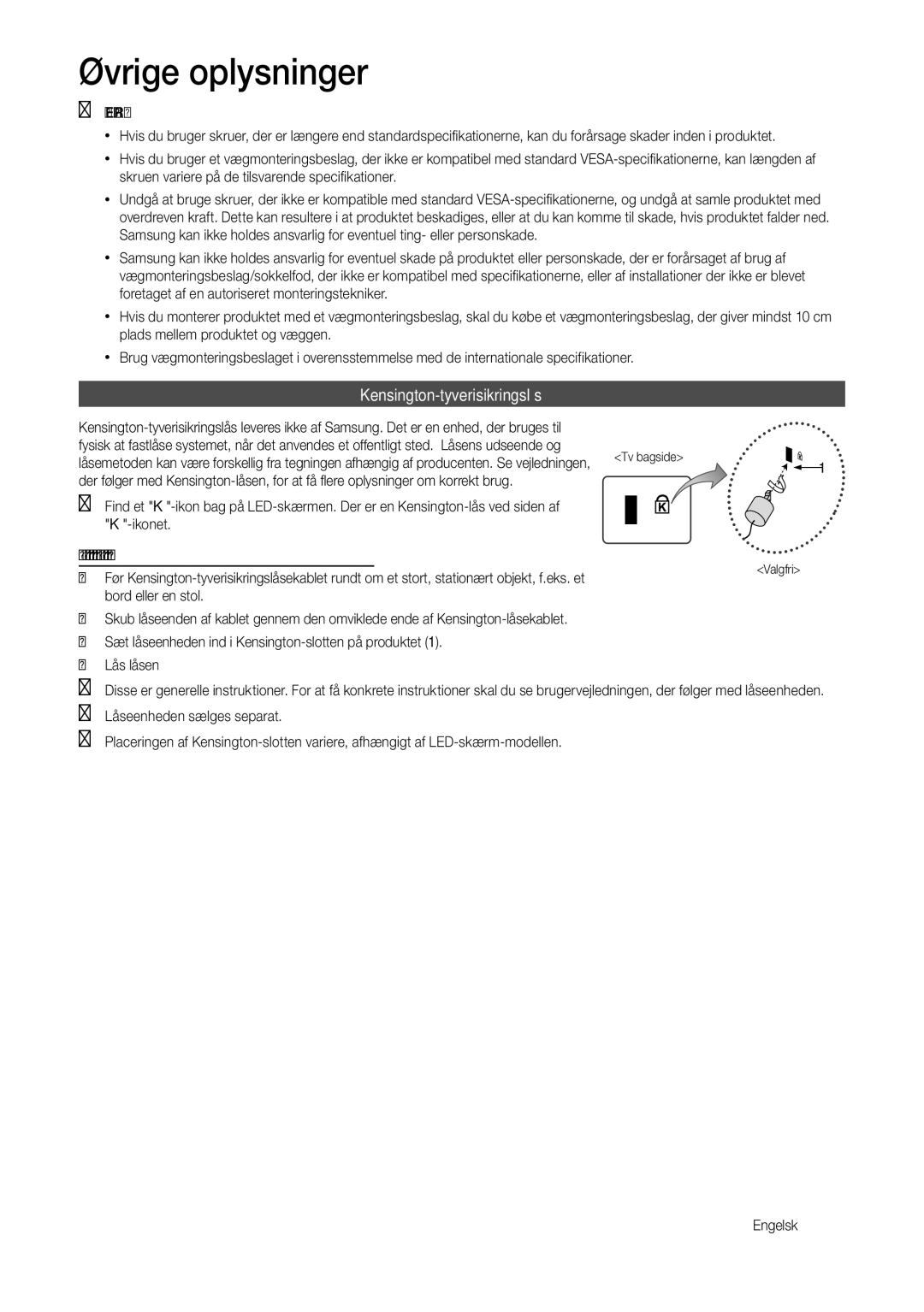 Samsung LT22B350EW/XE Kensington-tyverisikringslås, Ikonet For at låse produktet skal du følge følgende trin, Valgfri 