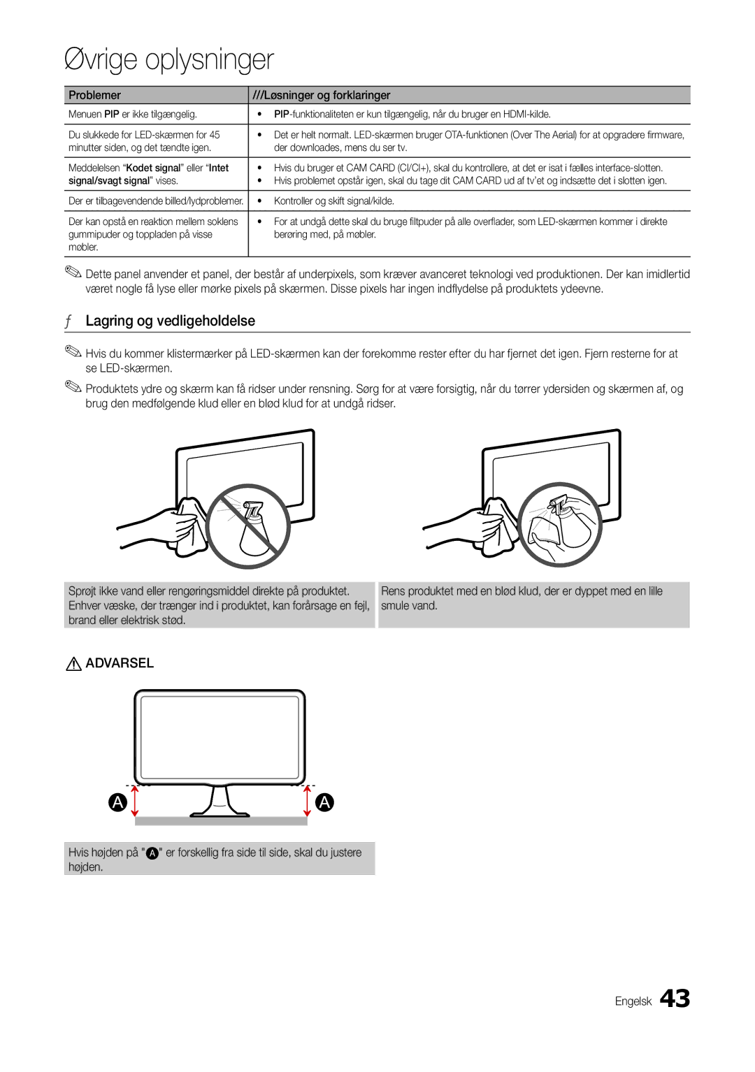 Samsung LT27B300EWY/XE manual Lagring og vedligeholdelse, Signal/svagt signal vises, Kontroller og skift signal/kilde 