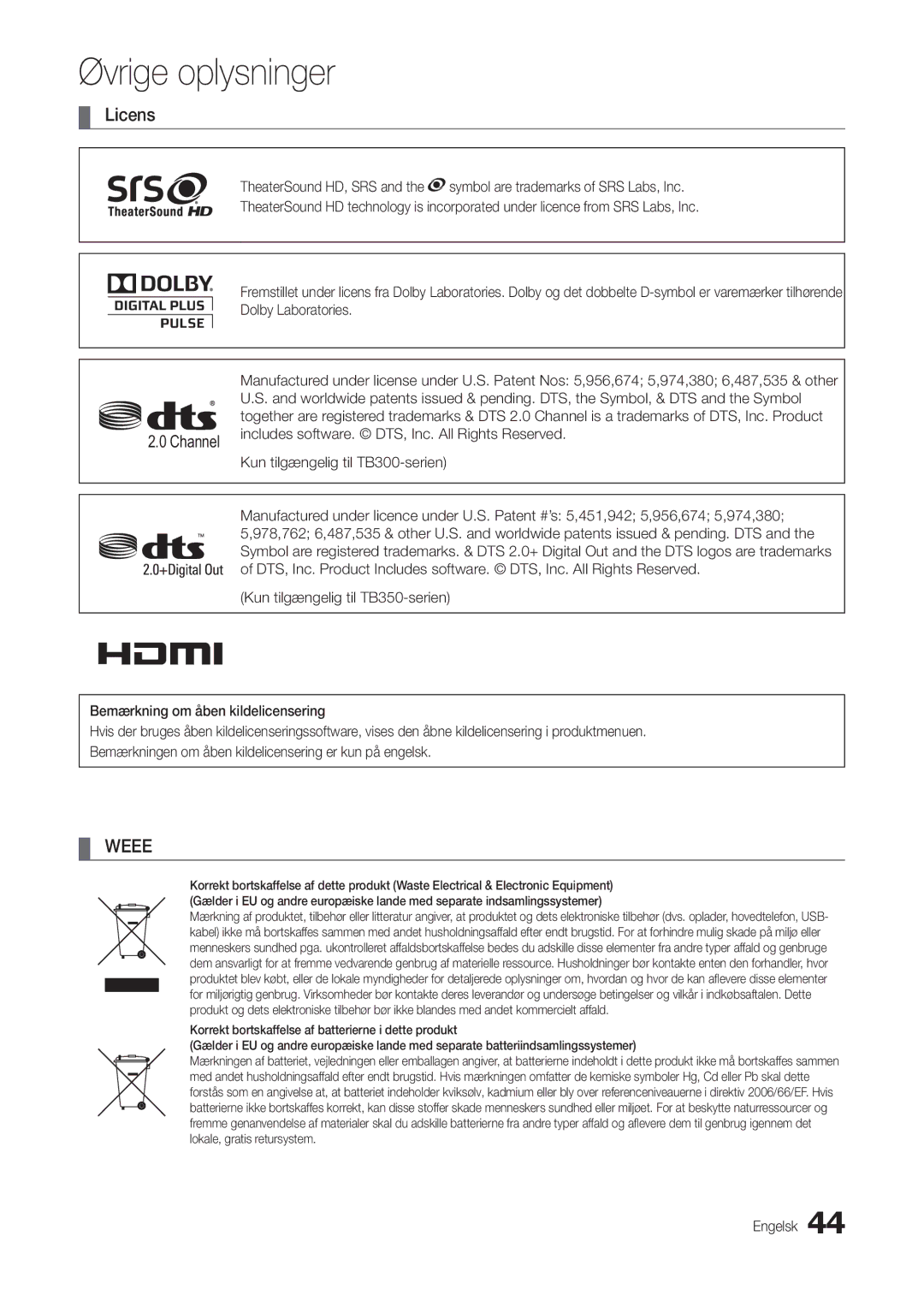 Samsung LT24B301EWY/XE, LT24B300EE/XE, LT24B300EW/XE, LT22B300EW/XE Licens, Includes software. DTS, Inc. All Rights Reserved 