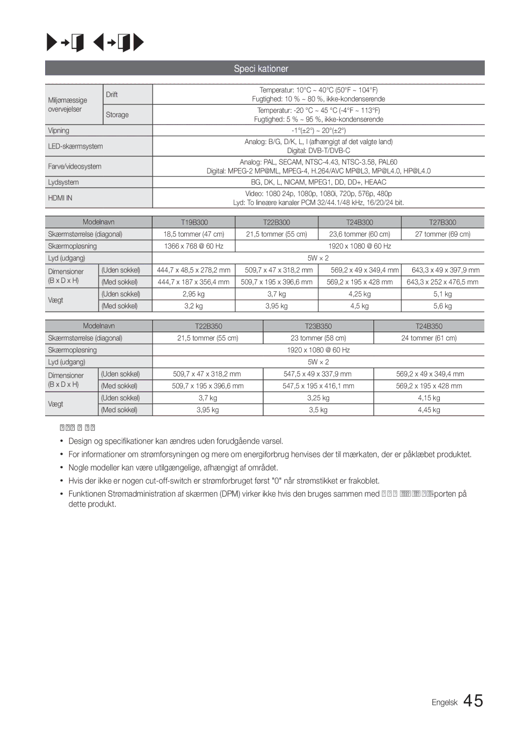 Samsung LT24B300EE/XE, LT24B300EW/XE, LT22B300EW/XE, LT27B300EW/XE, LT22B350EW/XE, LT23B350EW/XE manual Specifikationer 