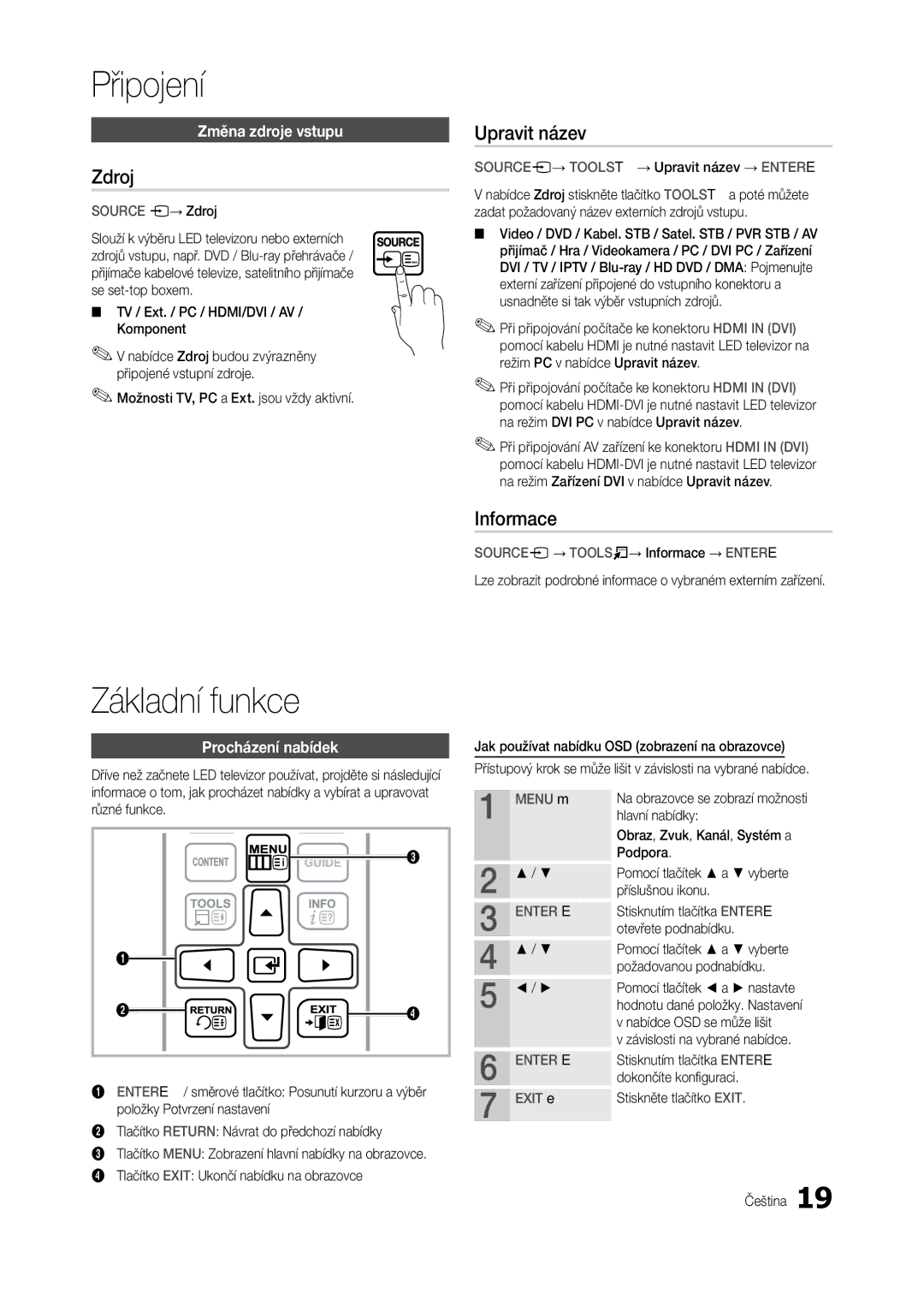 Samsung LS24B300BL/EN, LT24B300EEZ/EN, LS24B300BLZ/EN, LT22B350EW/EN manual Základní funkce, Zdroj, Upravit název, Informace 