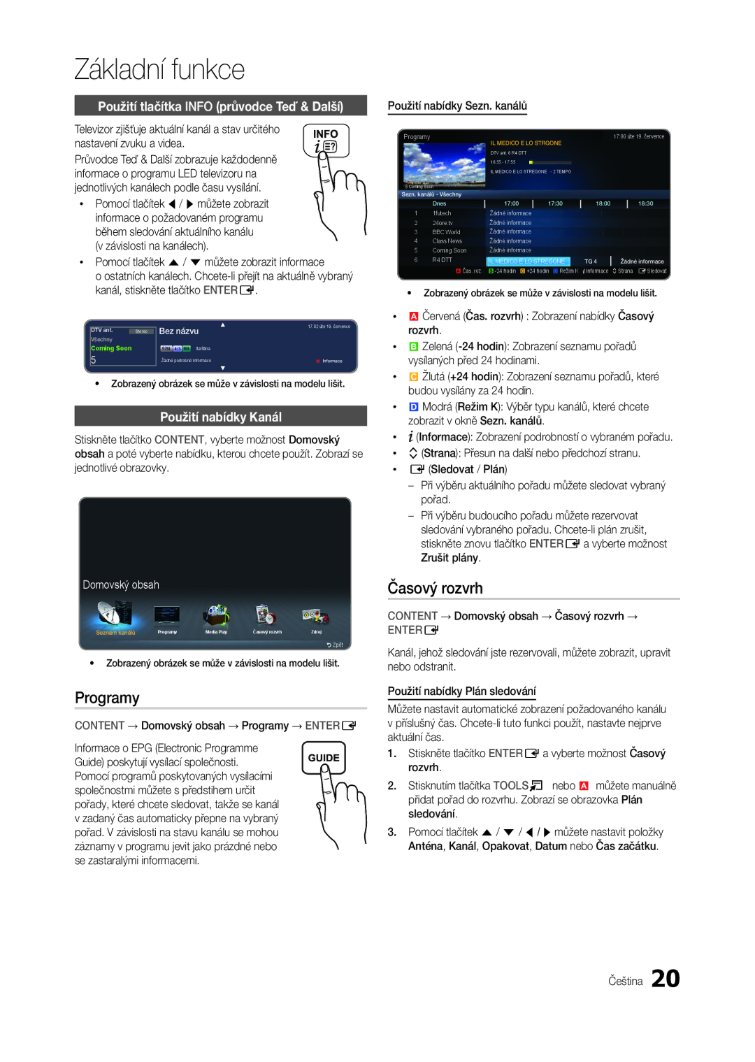 Samsung LT24B300EEZ/EN manual Programy, Časový rozvrh, Použití tlačítka Info průvodce Teď & Další, Použití nabídky Kanál 