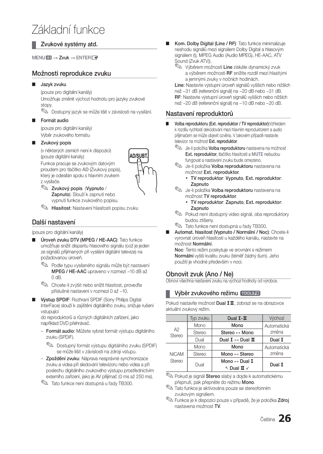 Samsung LT23B350EW/EN manual Možnosti reprodukce zvuku, Další nastavení, Nastavení reproduktorů, Obnovit zvuk Ano / Ne 