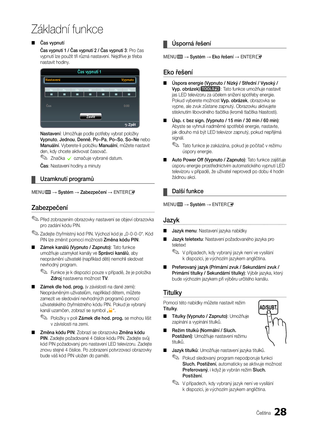 Samsung LT24B301EWY/EN, LT24B300EEZ/EN, LS24B300BLZ/EN, LT22B350EW/EN, LT27B300EWY/EN Zabezpečení, Eko řešení, Jazyk, Titulky 